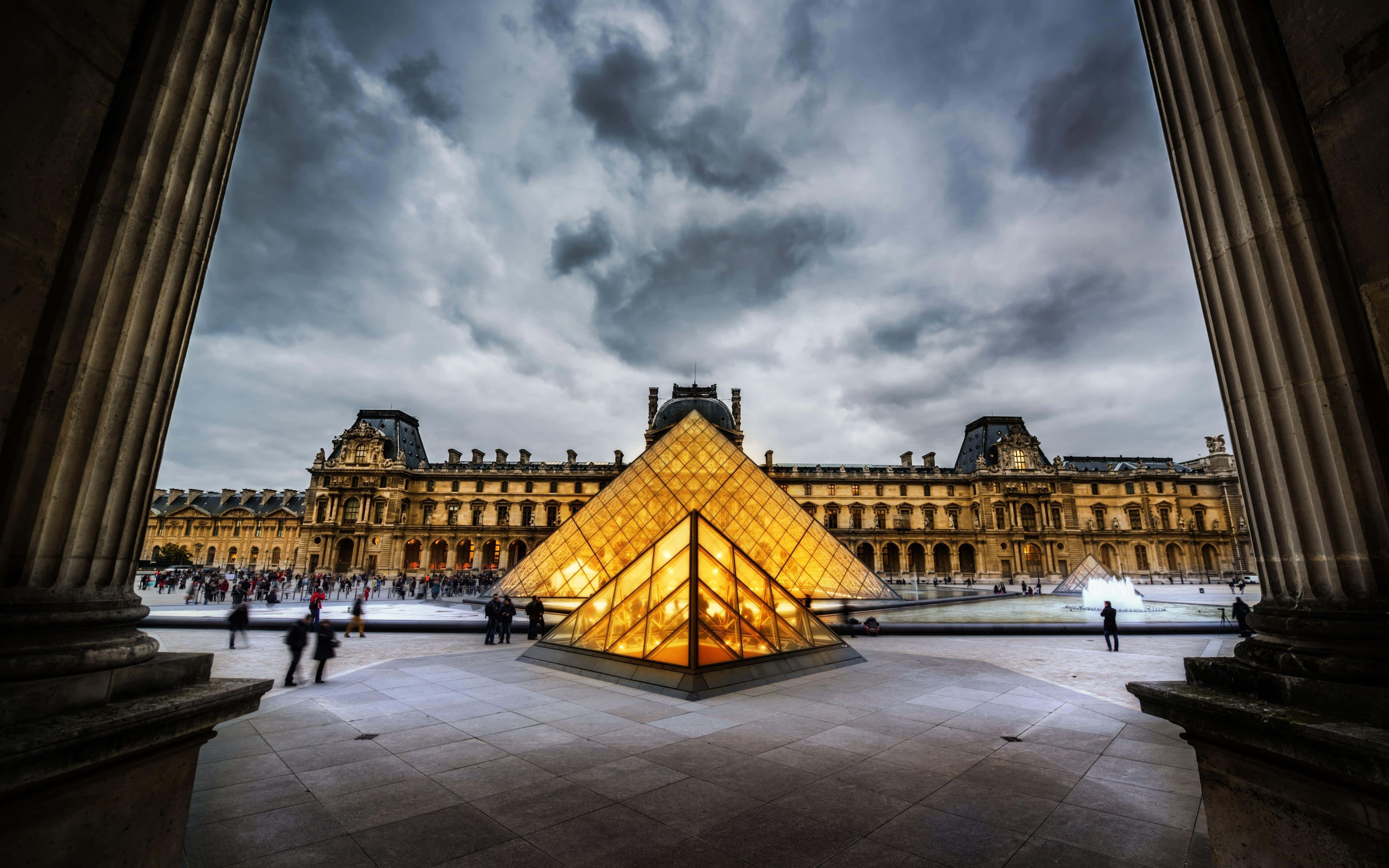 Louvre Museum, glass pyramid, grand columns, 5K Desktop Wallpaper