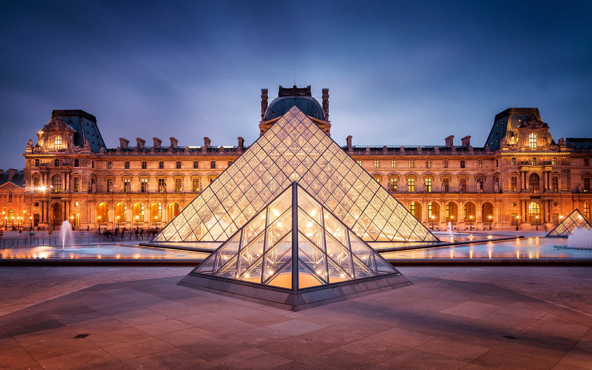 Louvre Museum, glass pyramid, dusk, Full HD Desktop Wallpaper