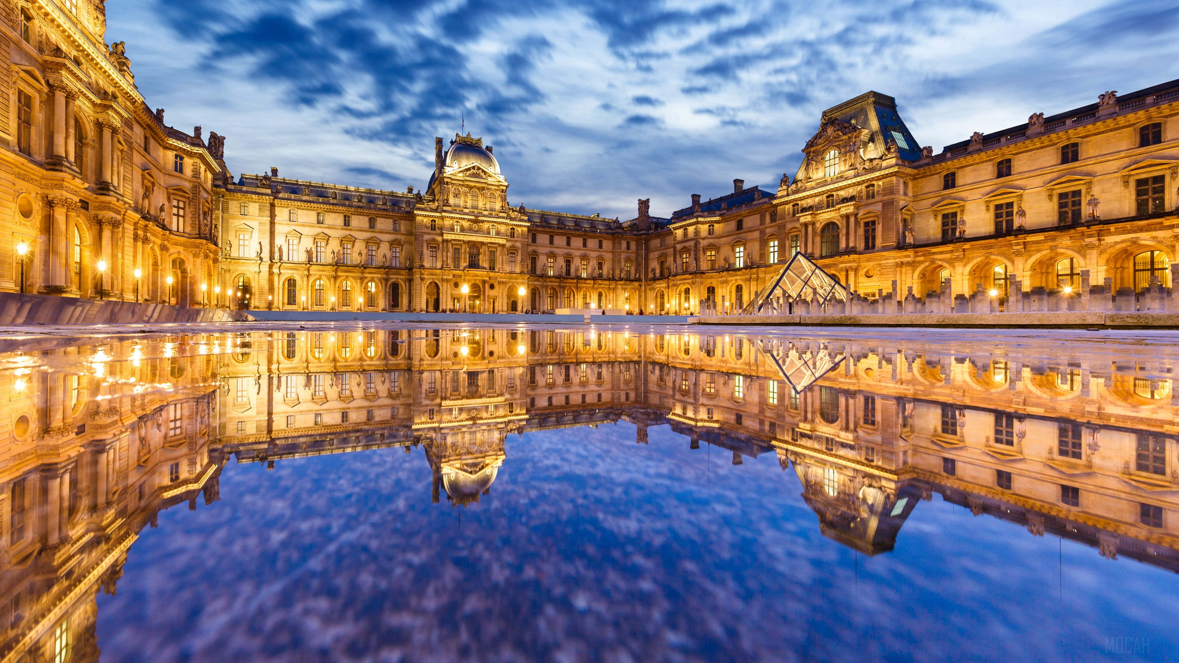 Louvre Museum, dusk, pool, 4K Desktop Wallpaper
