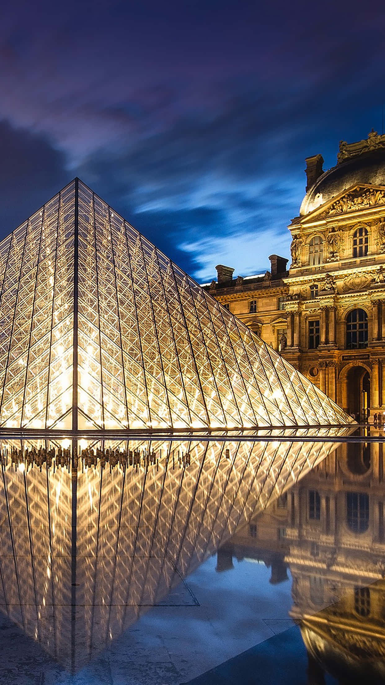 Louvre Museum, glass pyramid, wet pavement, Full HD Phone Wallpaper