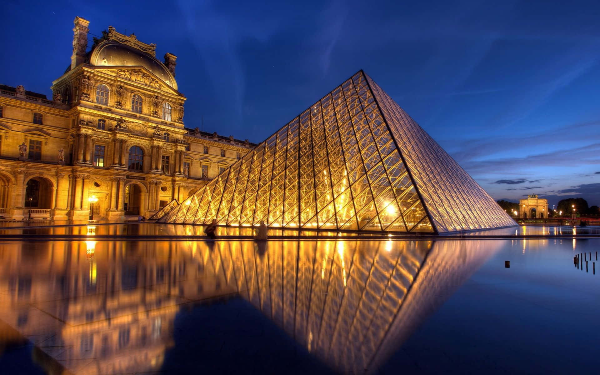 Louvre Museum, glass pyramid, dusk, Full HD Desktop Wallpaper
