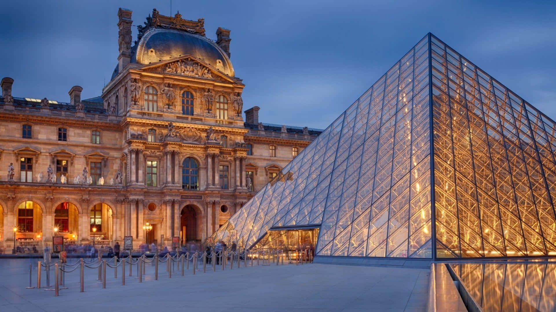 Louvre Museum, glass pyramid, twilight sky, Full HD Desktop Wallpaper