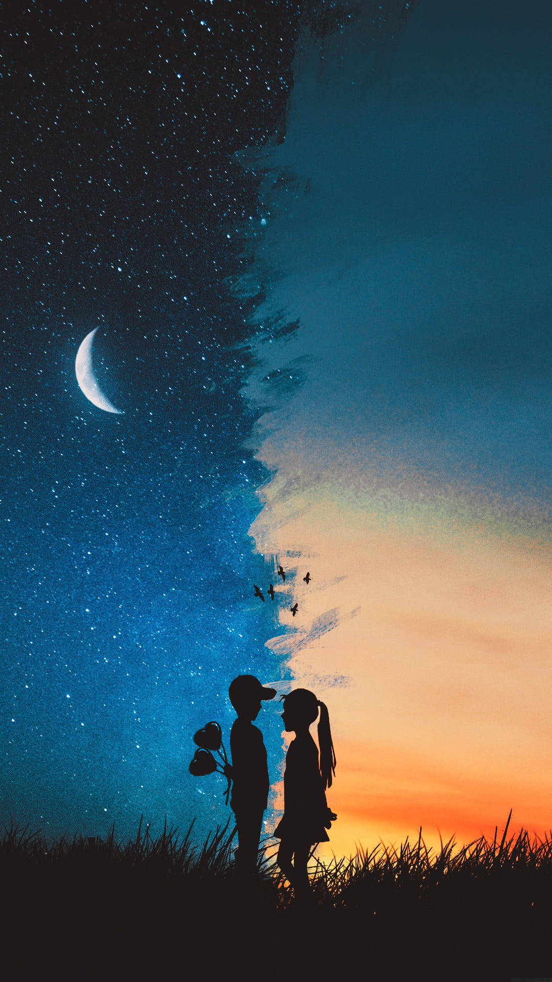 sunset, starry sky, children, Full HD Phone Wallpaper