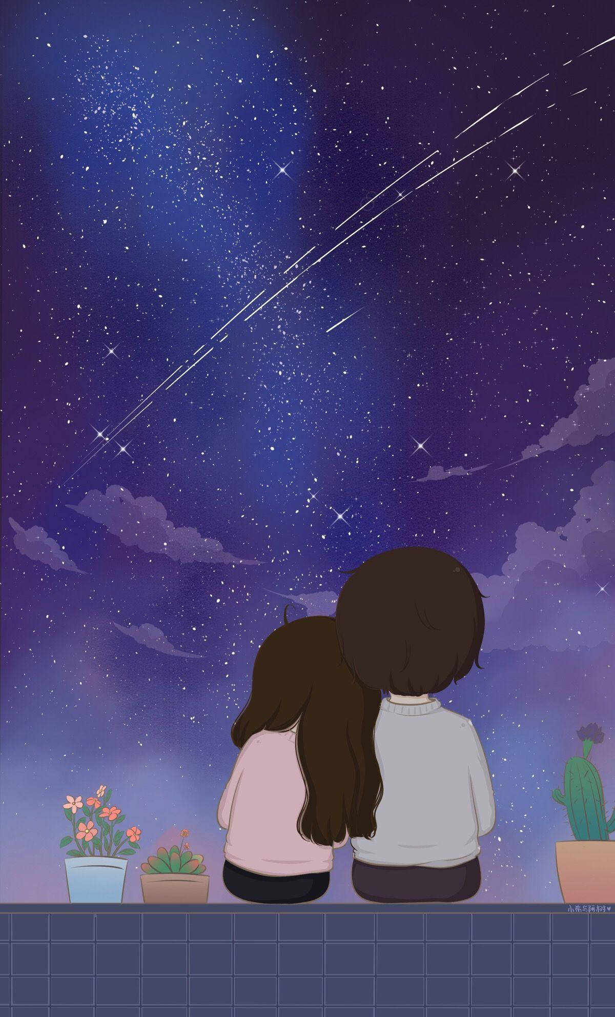 Love Cartoon Rest, starry night sky, shooting stars, Full HD Phone Wallpaper