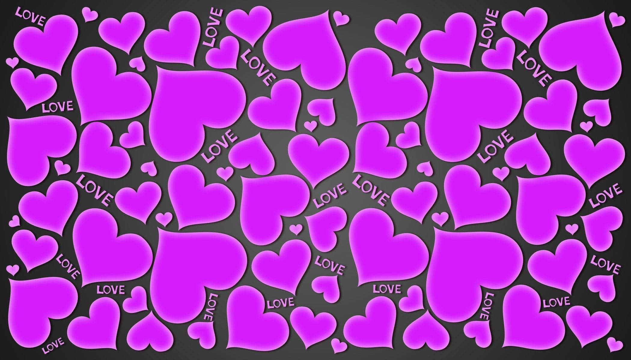 purple hearts, vibrant pink hearts, dark gray background, Full HD Desktop Wallpaper