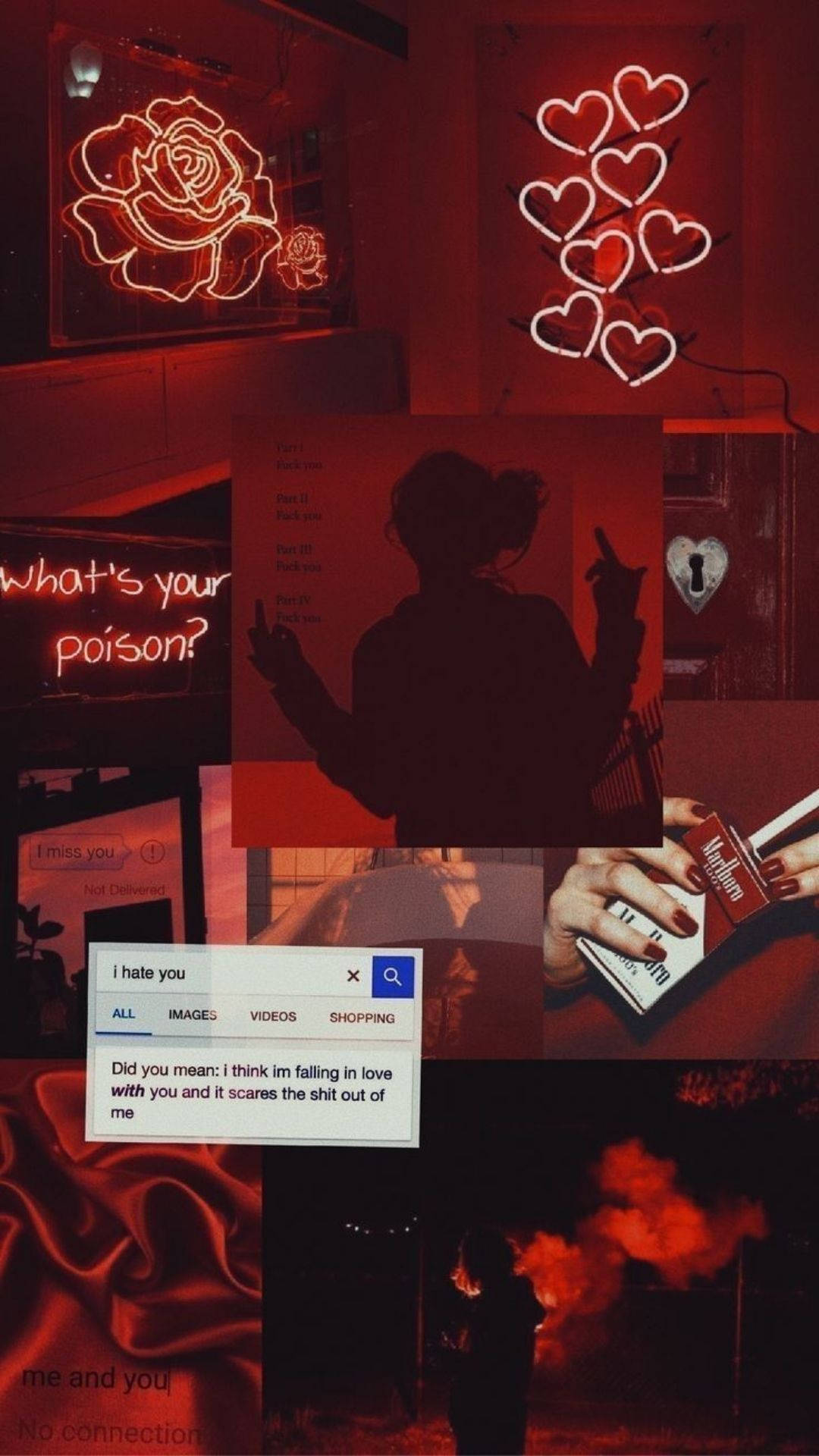 moody red-toned collage, neon hearts, roses, Full HD Phone Wallpaper