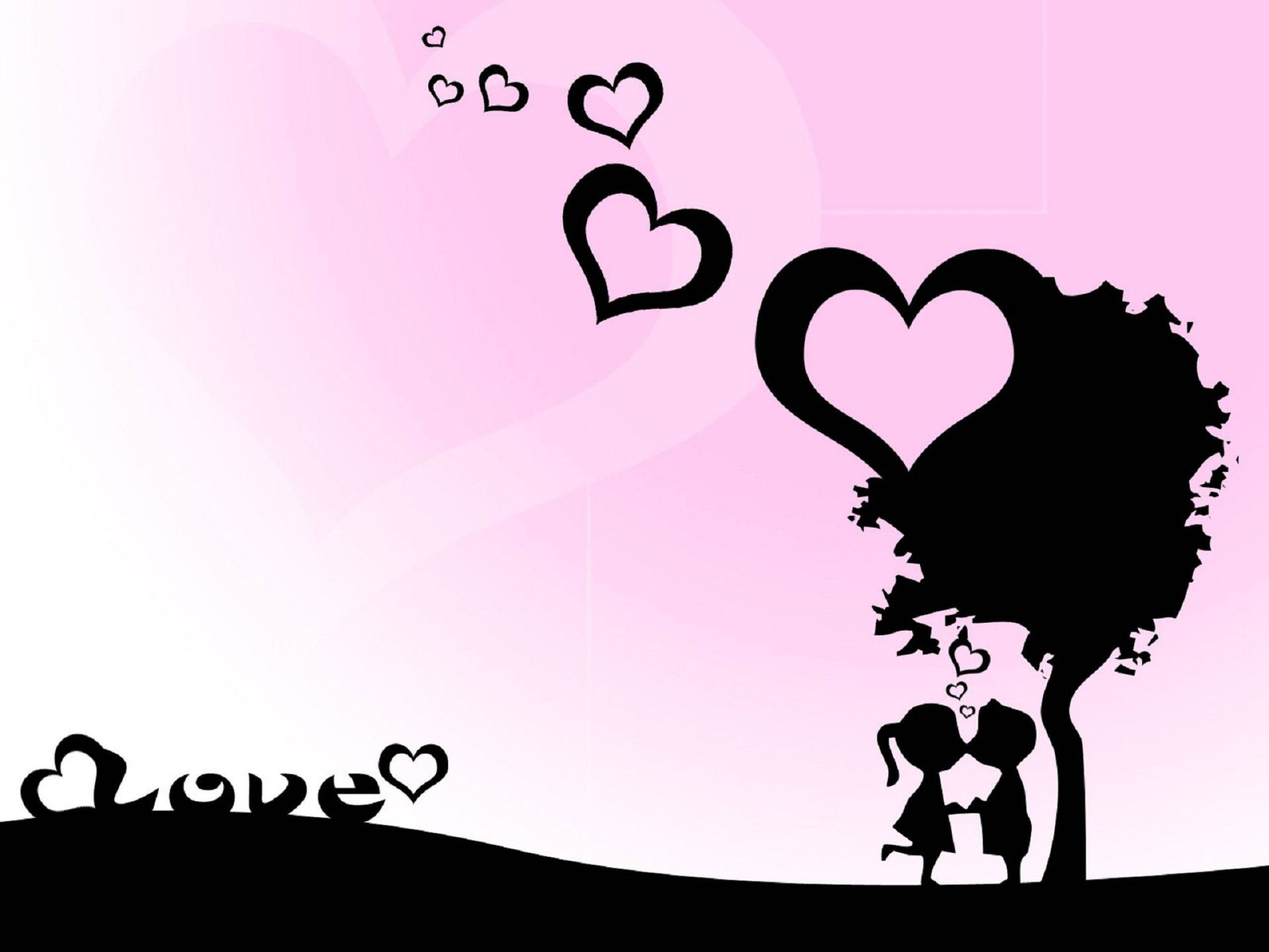Love Cartoon Silhouette, couple, heart-shaped tree, 2K Desktop Wallpaper