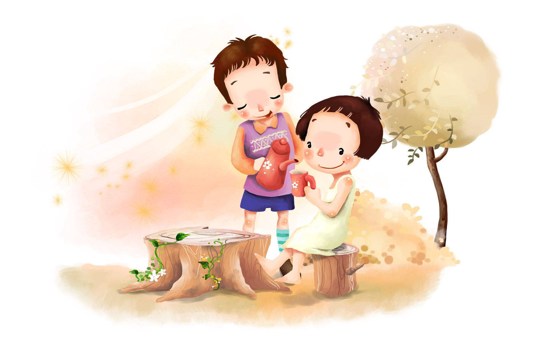 Outdoor Love Cartoon, tree stumps, soft glowing sky, Full HD Desktop Wallpaper