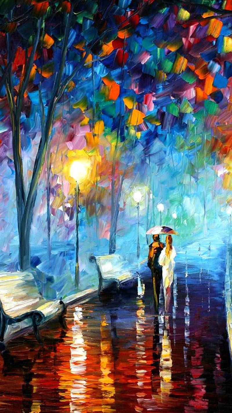 Love Cartoon Painting, couple, umbrella, HD Phone Wallpaper