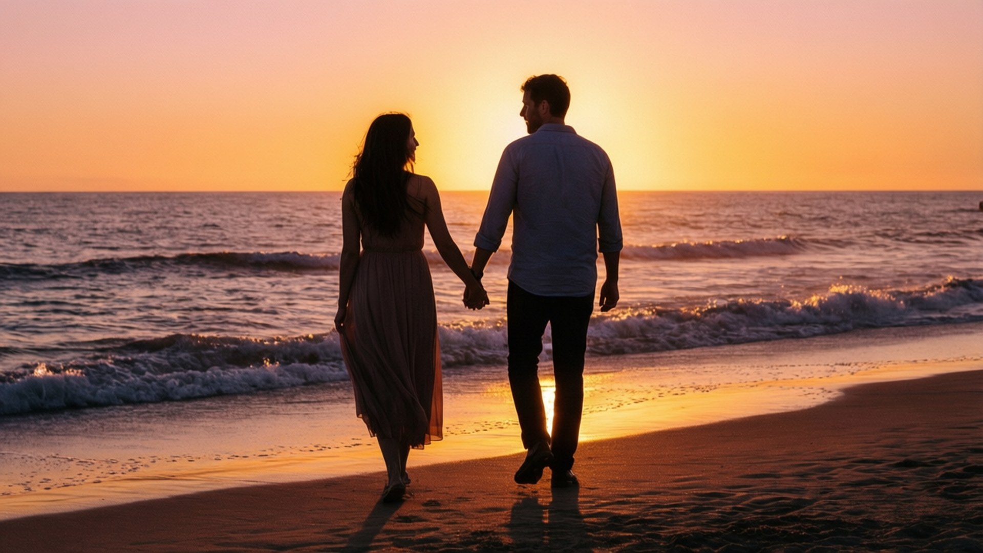 sunset, beach, couple, Full HD Desktop Wallpaper