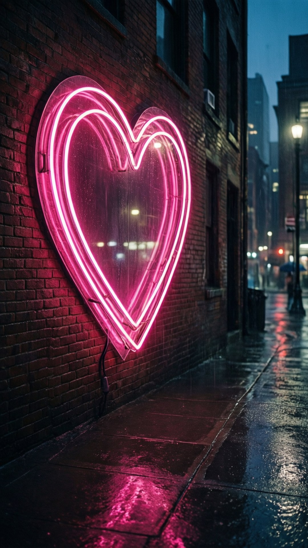 neon heart sign, pink neon, wet brick wall, Full HD Phone Wallpaper