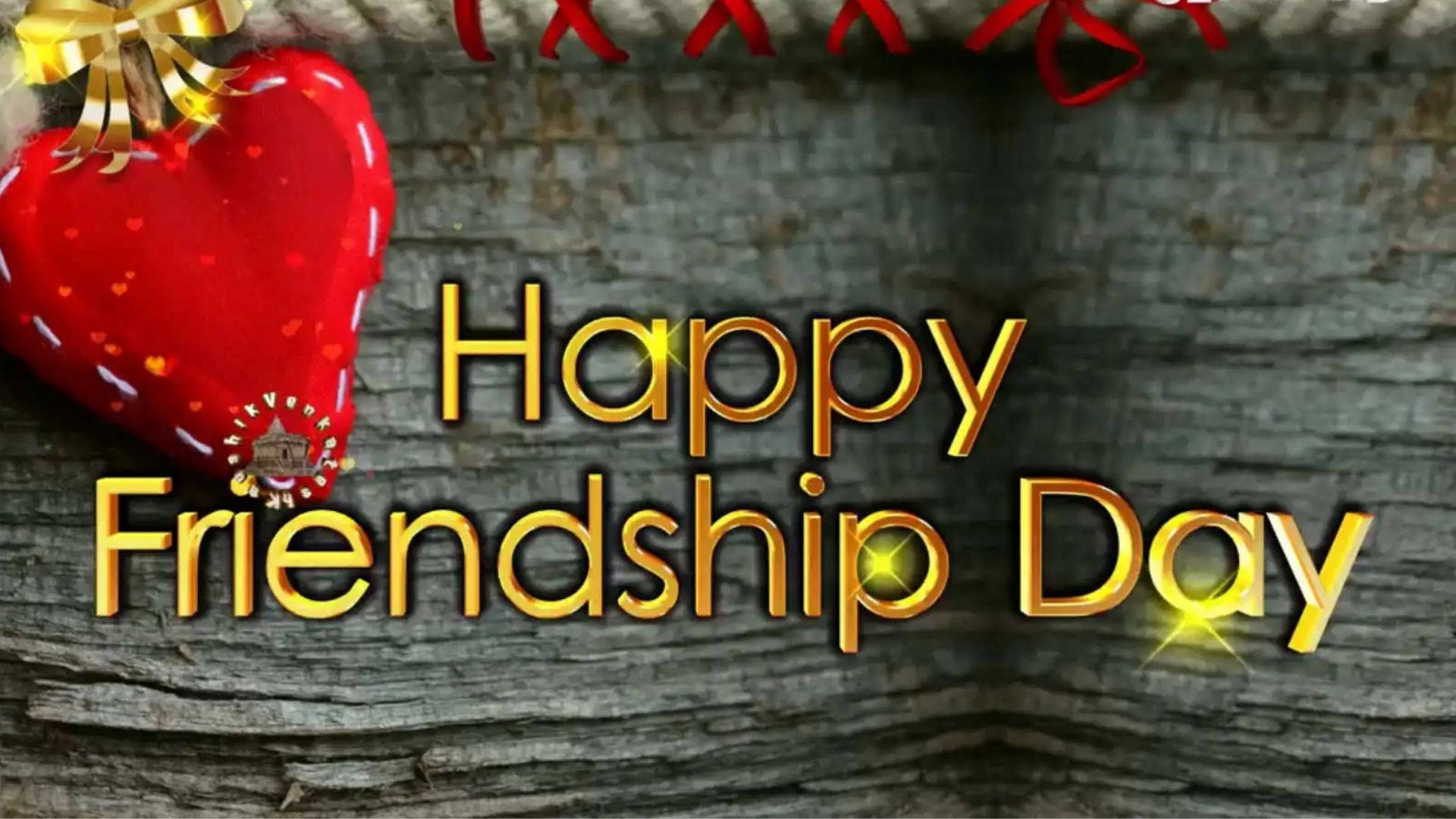 Happy Friendship Day, festive red heart, gold bow, Full HD Desktop Wallpaper