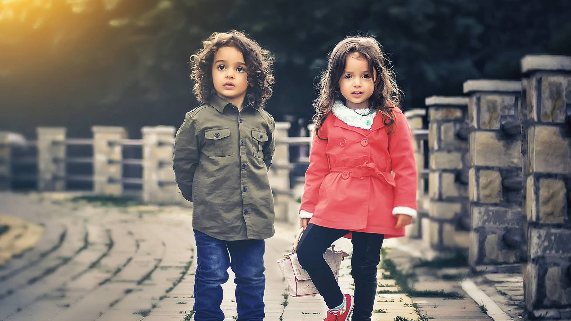 childhood besties, stone path, rustic stone wall, Full HD Desktop Wallpaper