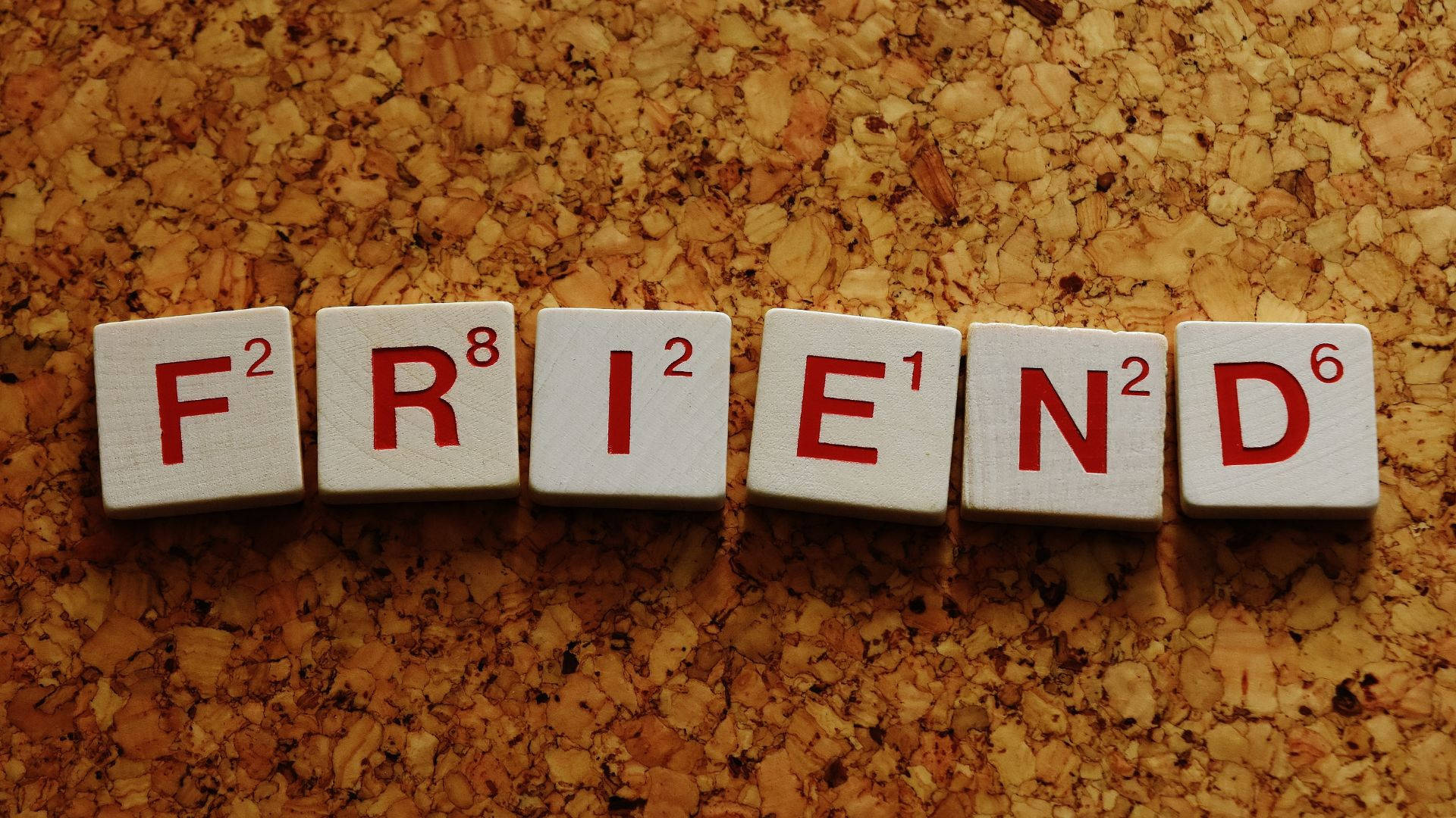 FRIEND, Scrabble tiles, red letters, Full HD Desktop Wallpaper