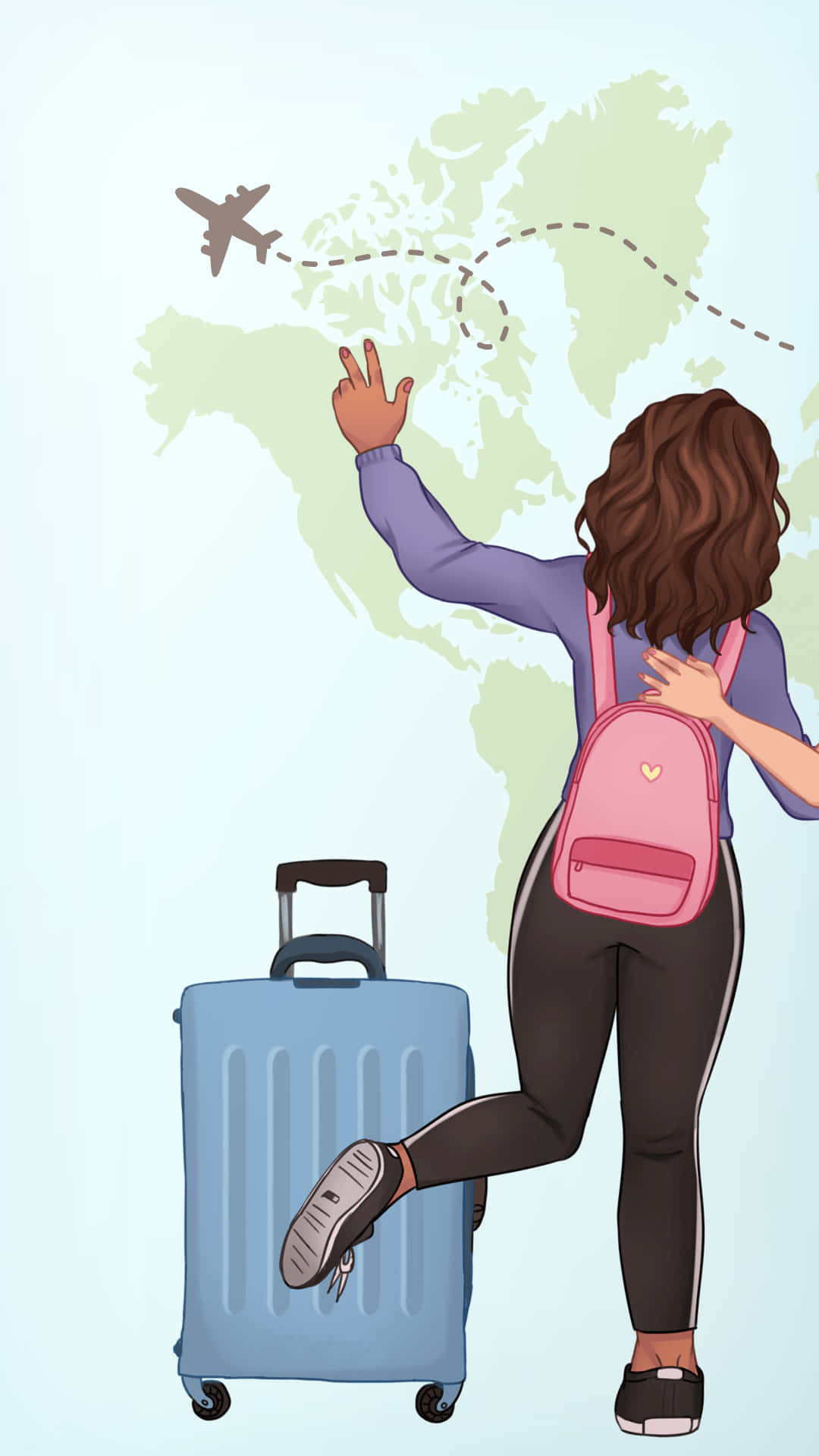 pink backpack, blue suitcase, flying airplane, Full HD Phone Wallpaper
