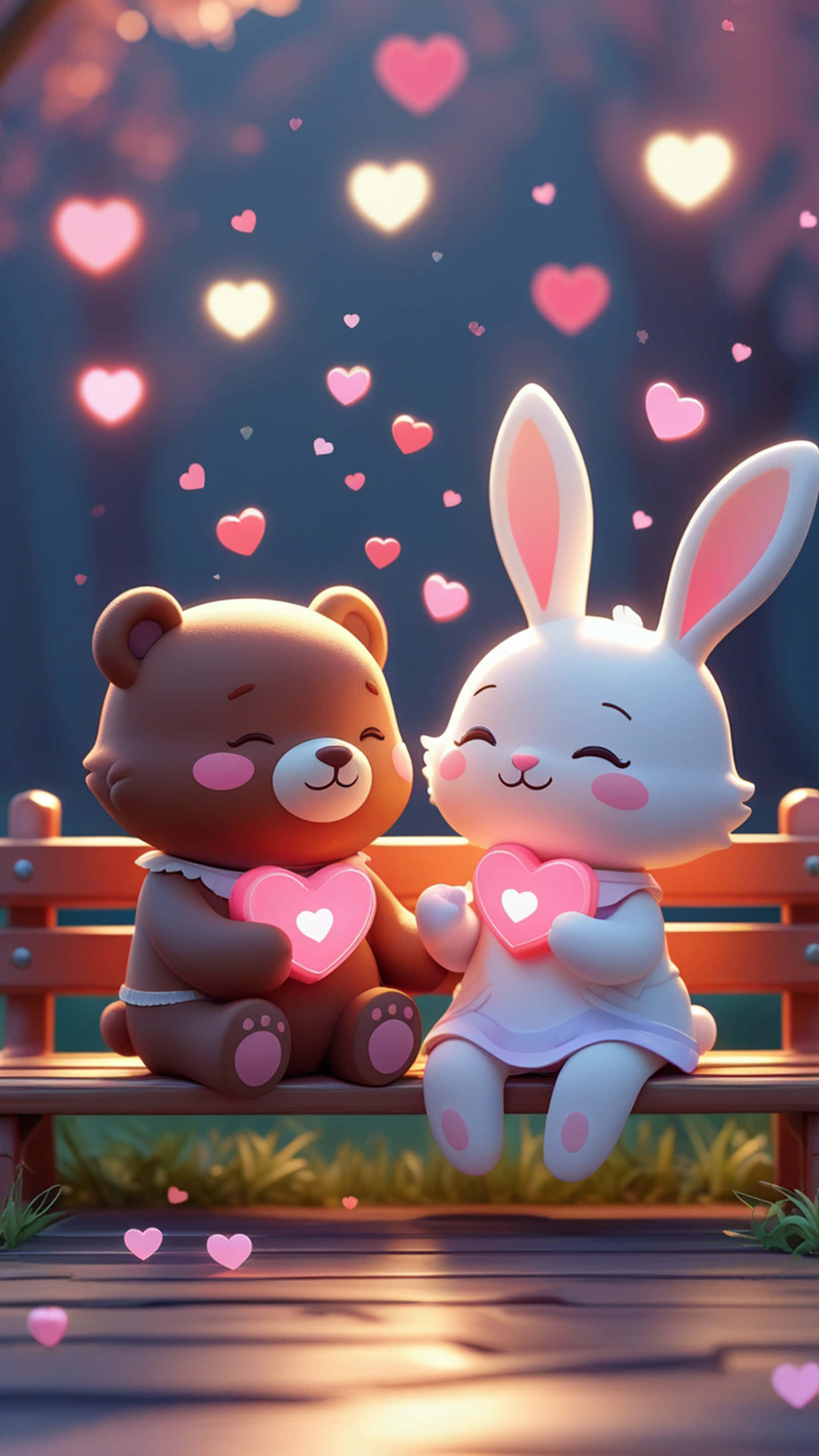 brown bear, white bunny, wooden bench, 2K Phone Wallpaper