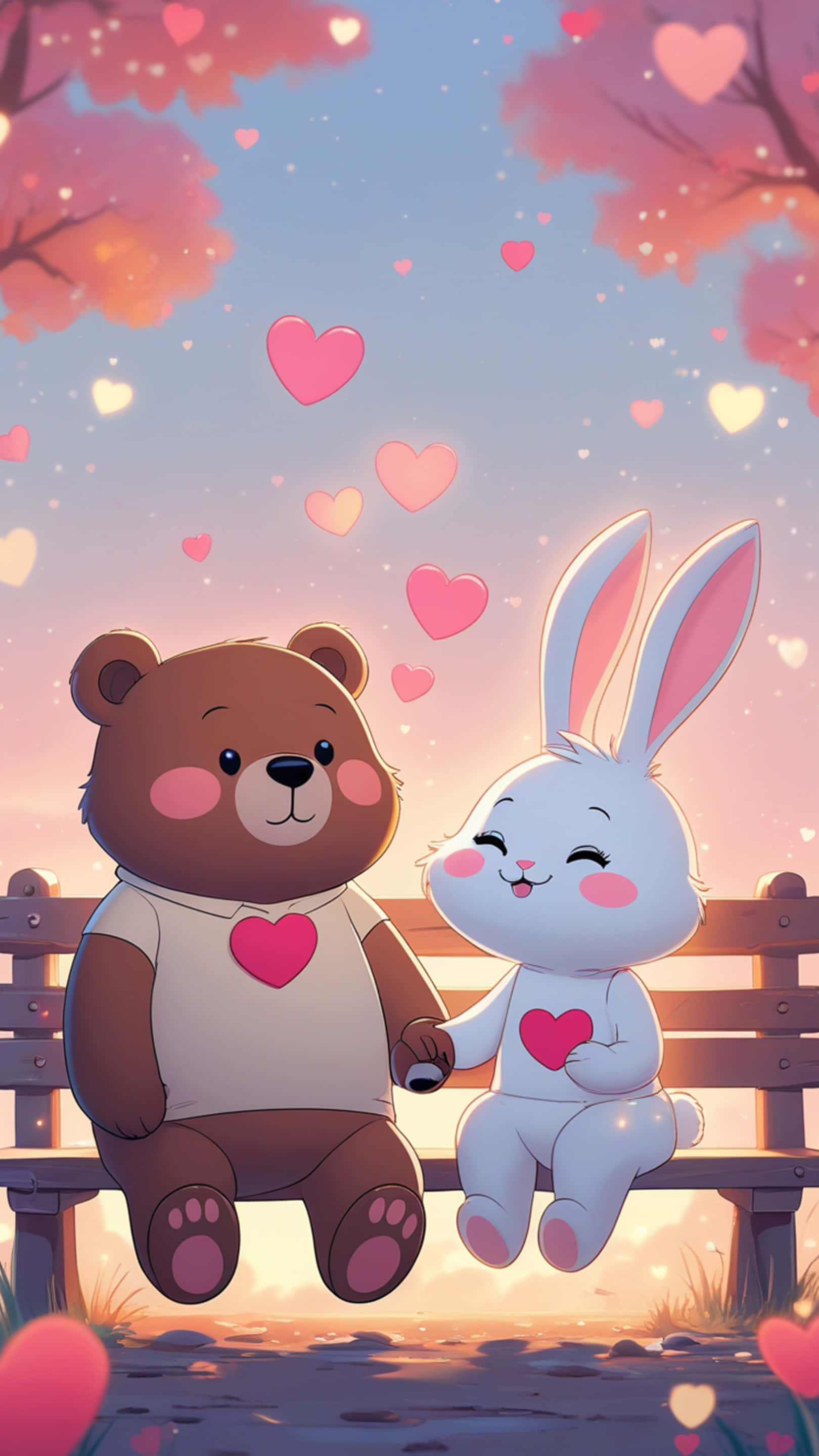 brown bear, white rabbit, wooden bench, 2K Phone Wallpaper