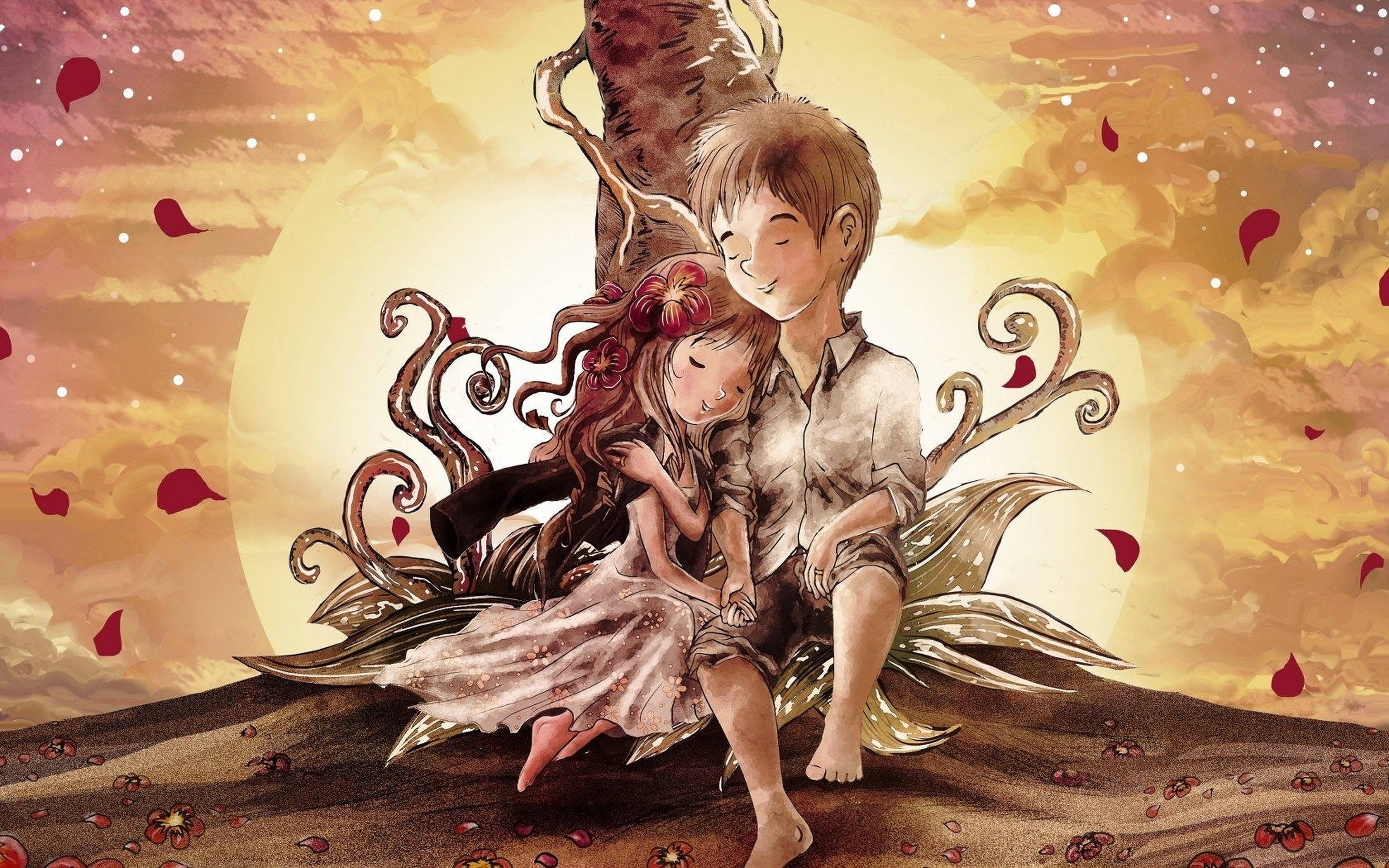 anime-style couple, fantastical tree root throne, red petals, 2K Desktop Wallpaper