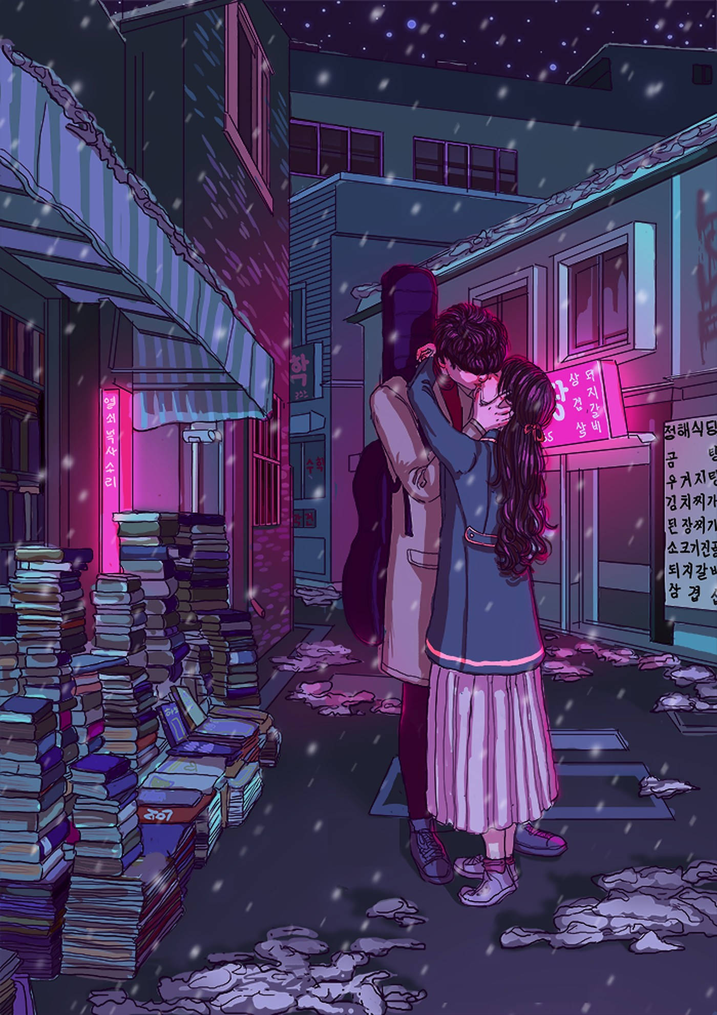 anime couple, kissing, falling snow, Full HD Phone Wallpaper