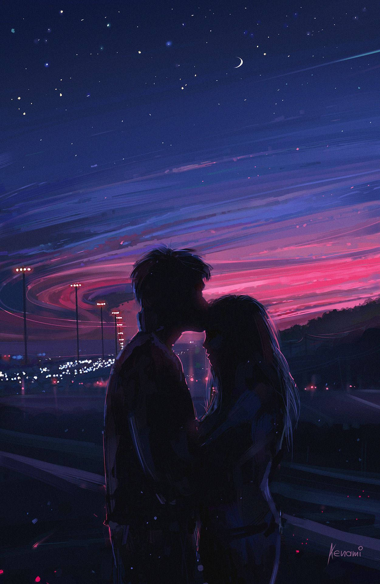 forehead kiss, starry twilight sky, crescent moon, Full HD Phone Wallpaper
