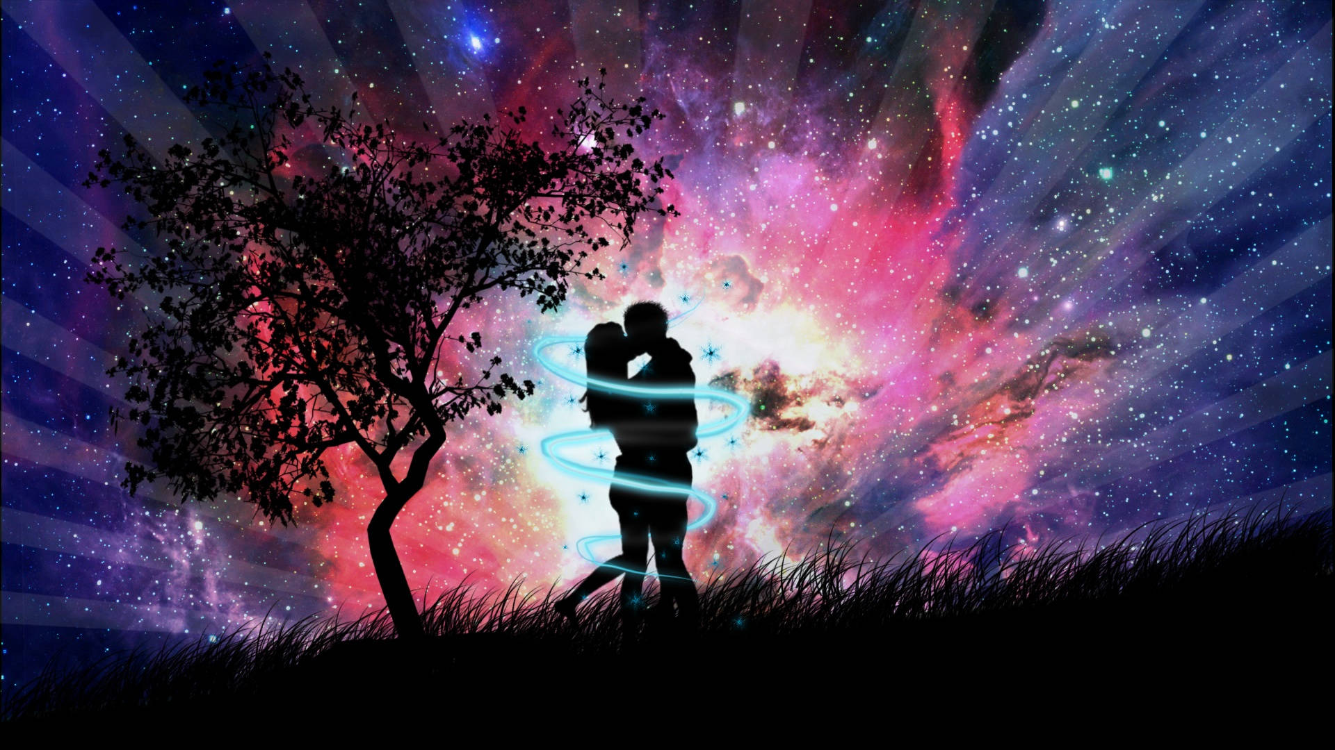 Love Art Galaxy, cosmic sky, glowing tree, Full HD Desktop Wallpaper