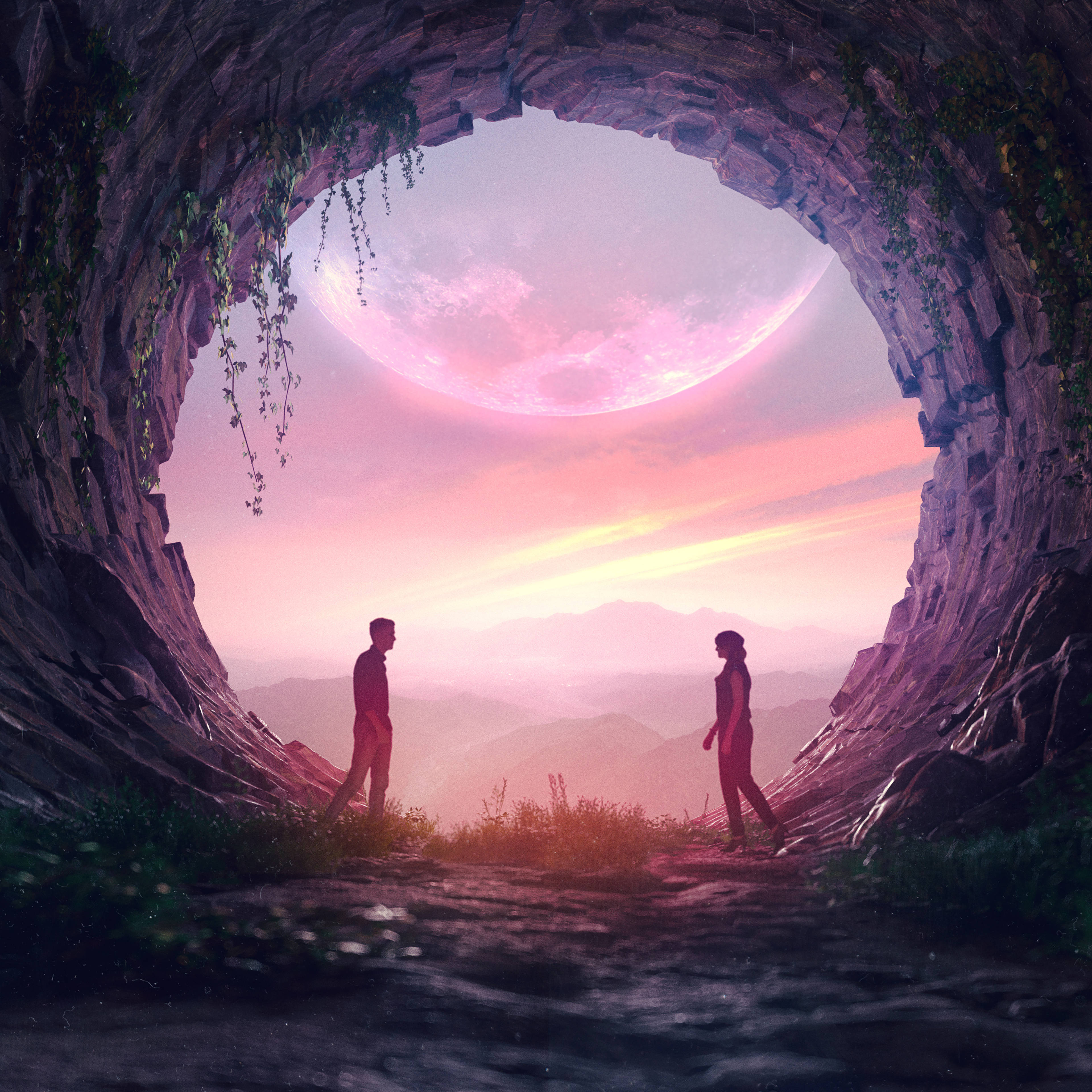 Circle Cave Love Art, pink moon, rocky cave, 4K Desktop Wallpaper