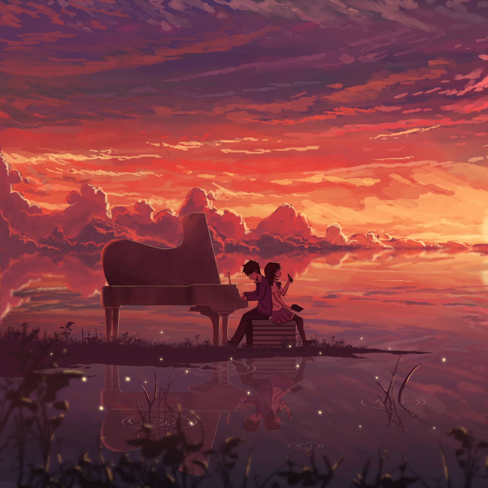 grand piano, sunset, fiery orange and purple sky, Full HD Desktop Wallpaper