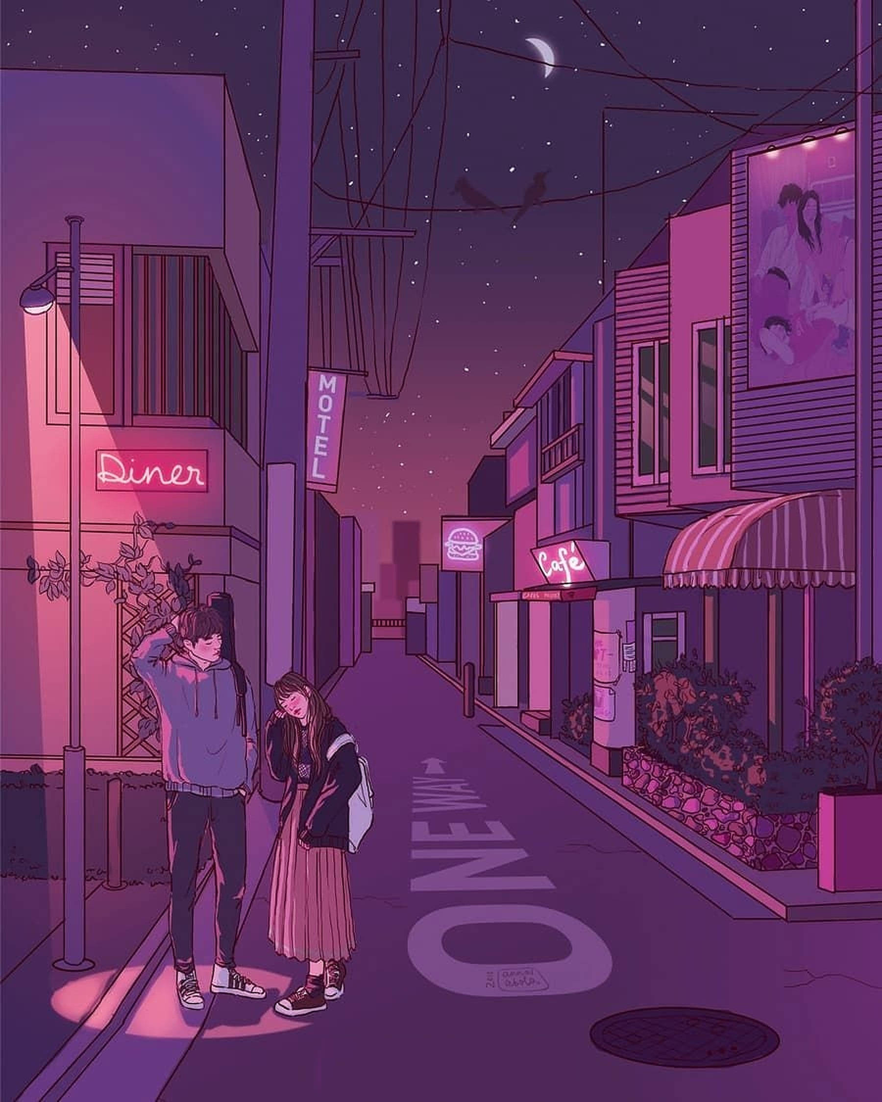 neon-lit street, crescent moon, glowing signs, Full HD Phone Wallpaper