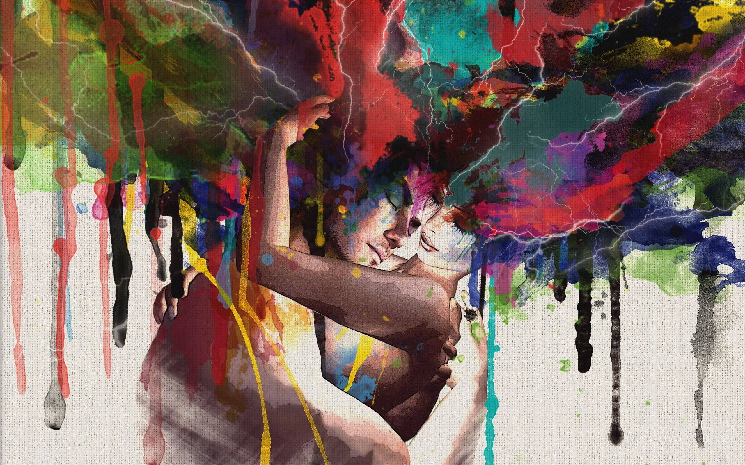 abstract love art, vivid paint splatters, electric lightning bolts, 2K Desktop Wallpaper