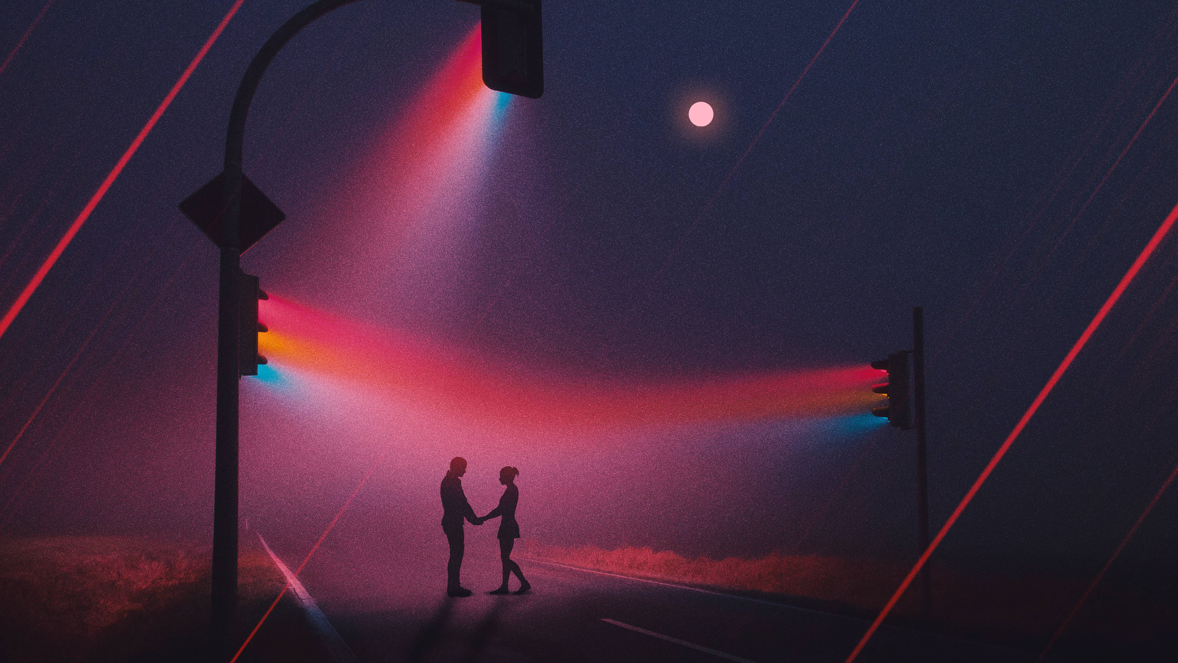 neon traffic lights, glowing traffic lights, misty night street, 4K Desktop Wallpaper