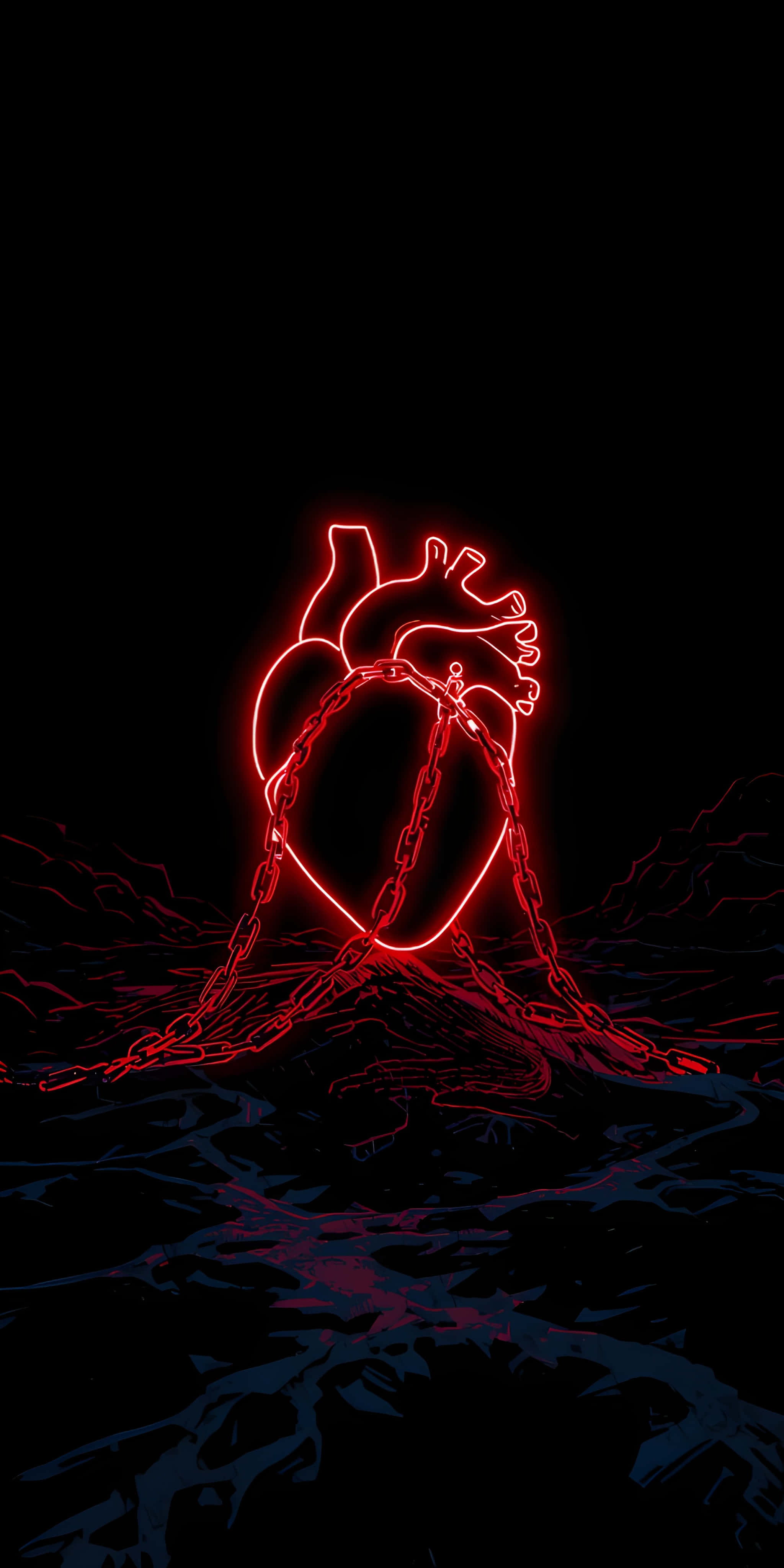 neon red heart, chains, dark water, 4K Phone Wallpaper
