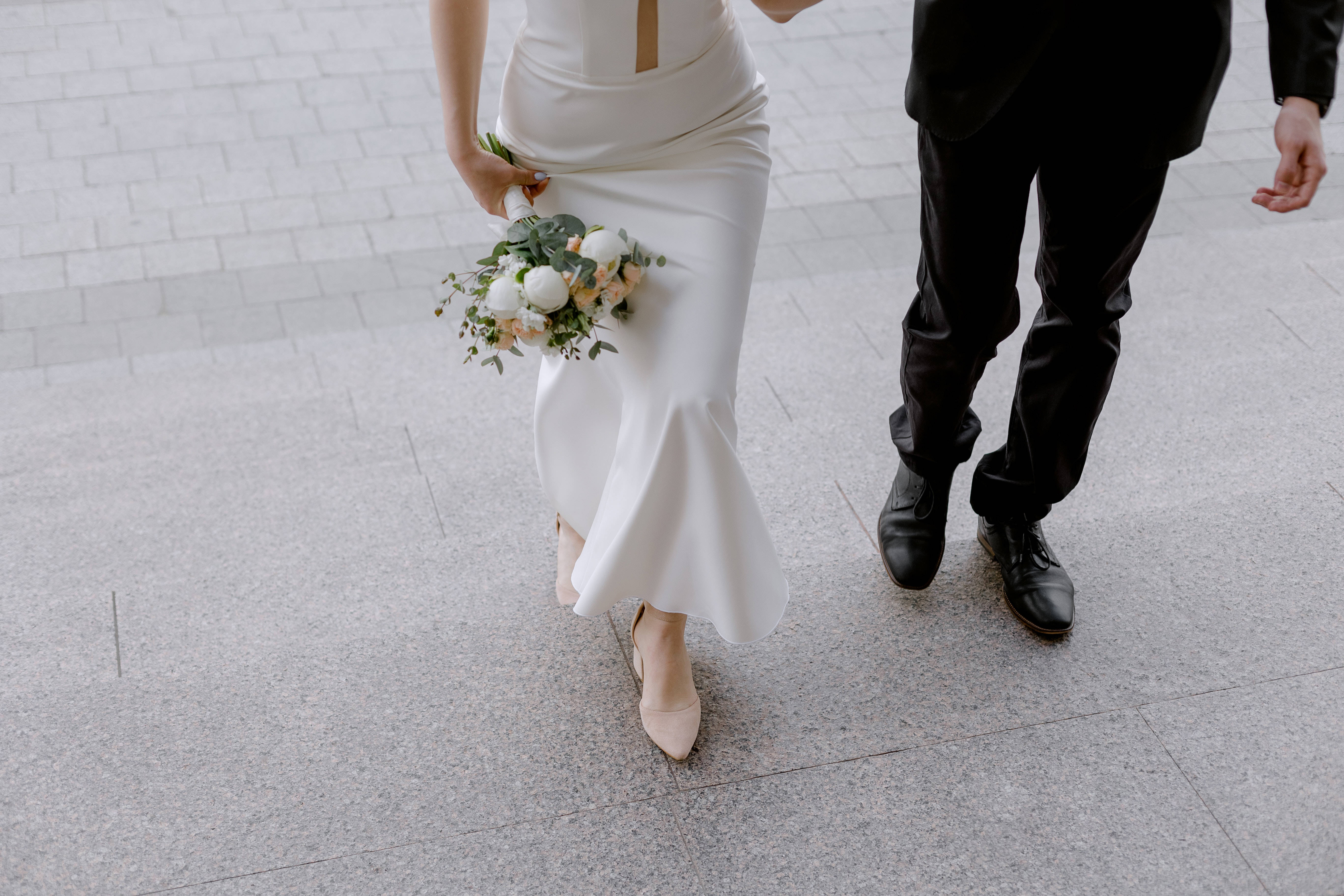 white gown, black suit, gray stone pavement, 5K Desktop Wallpaper
