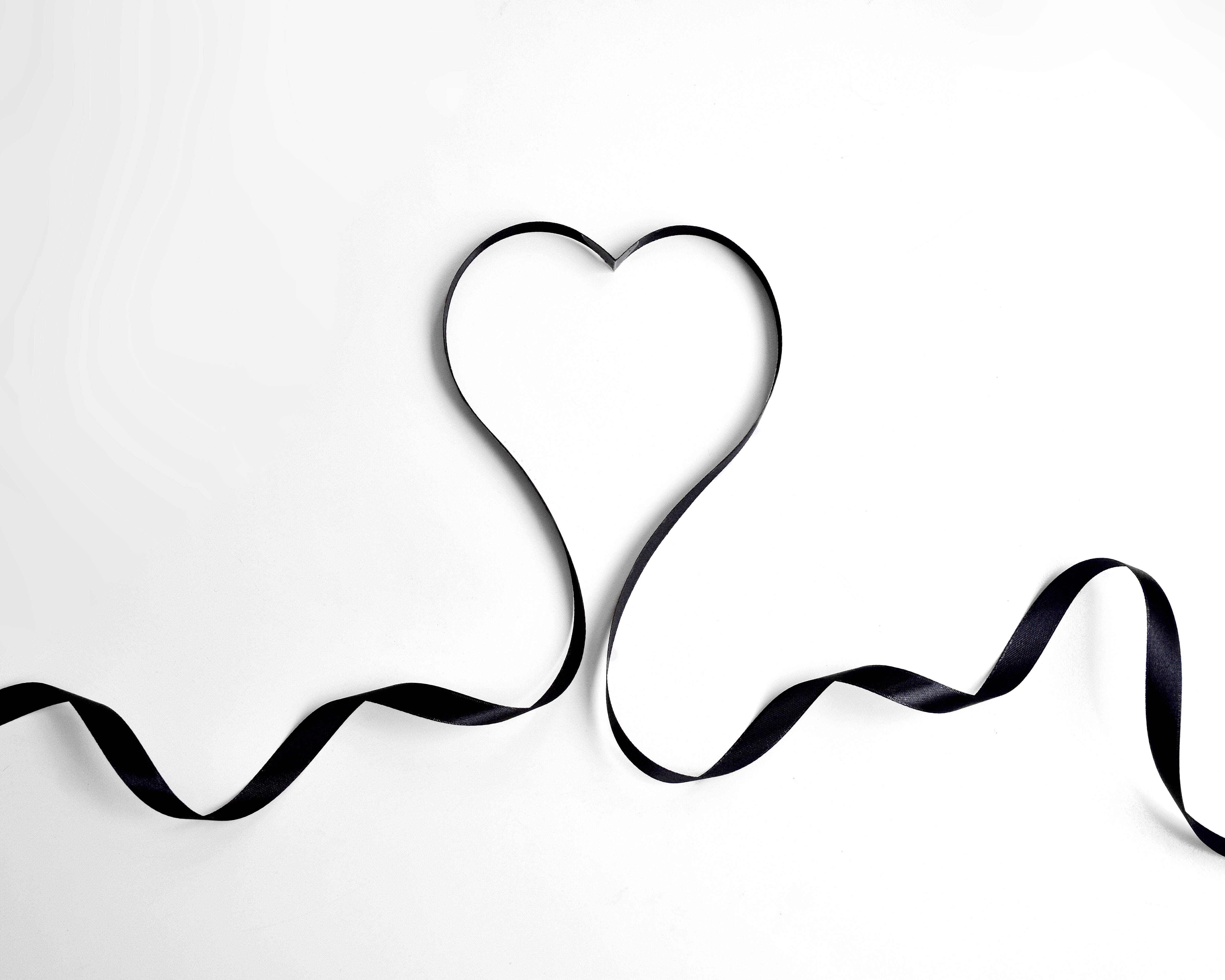 black satin ribbon, heart shape, stark white background, 4K Desktop Wallpaper
