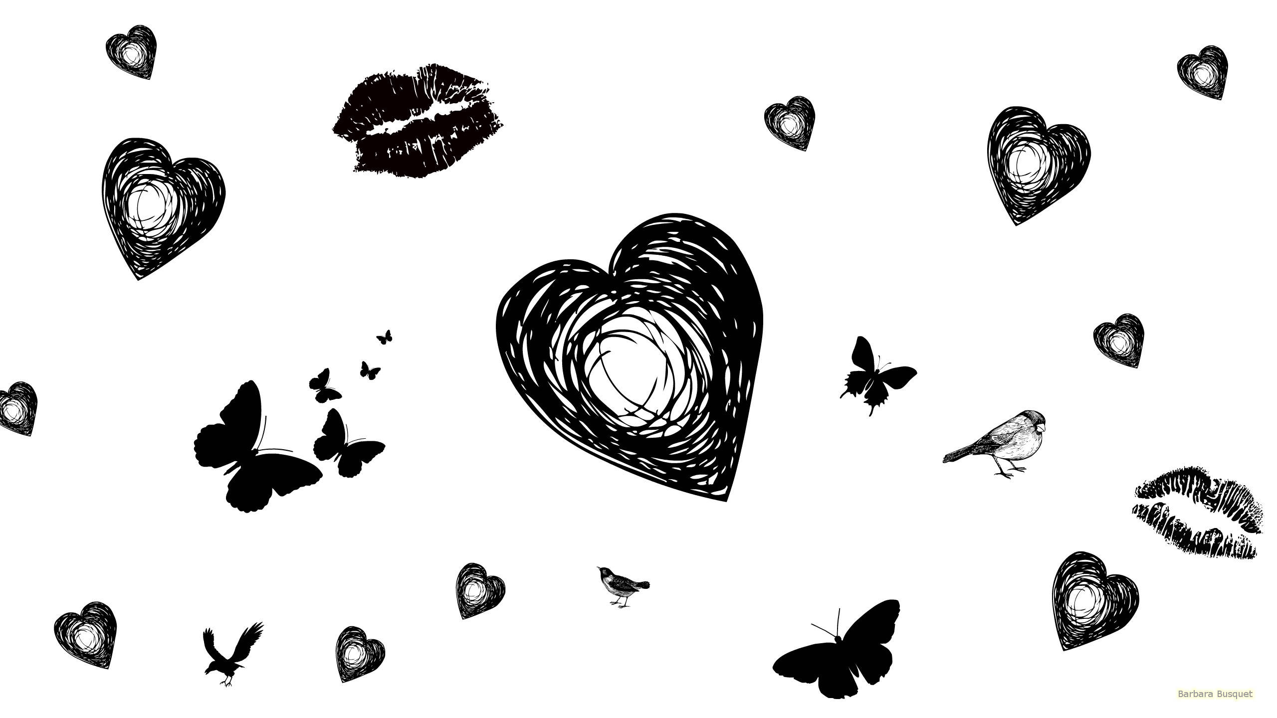black and white, hearts, butterflies, 2K Desktop Wallpaper