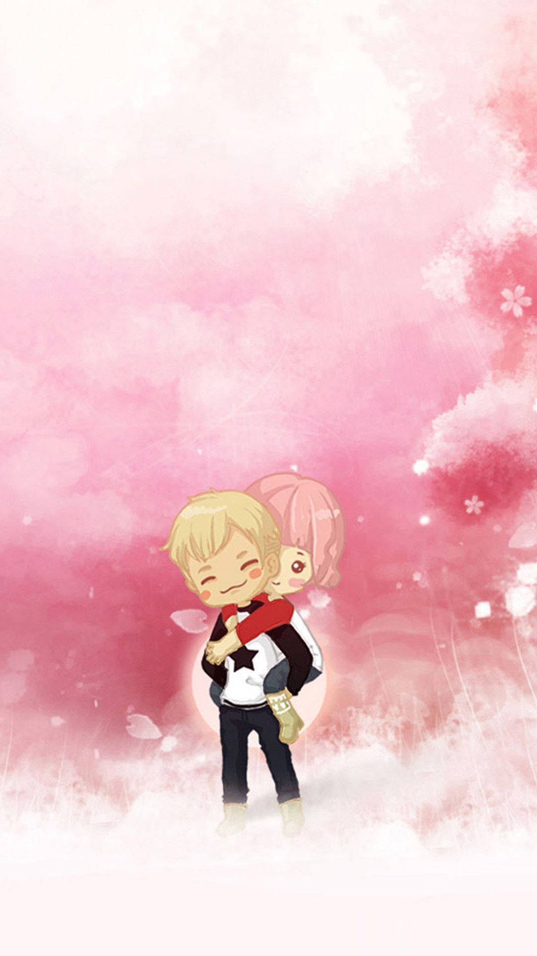Love Cartoon, chibi anime characters, pink cherry blossom sky, Full HD Phone Wallpaper