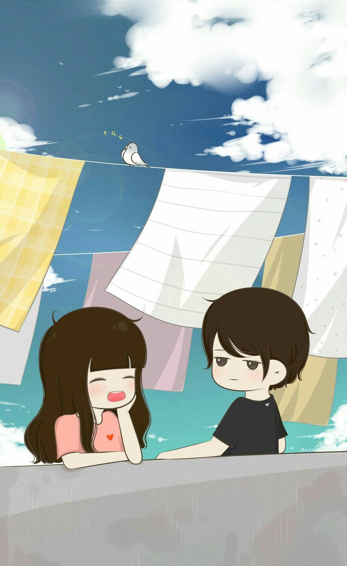 Love Cartoon, anime-style teens, clothesline, Full HD Phone Wallpaper