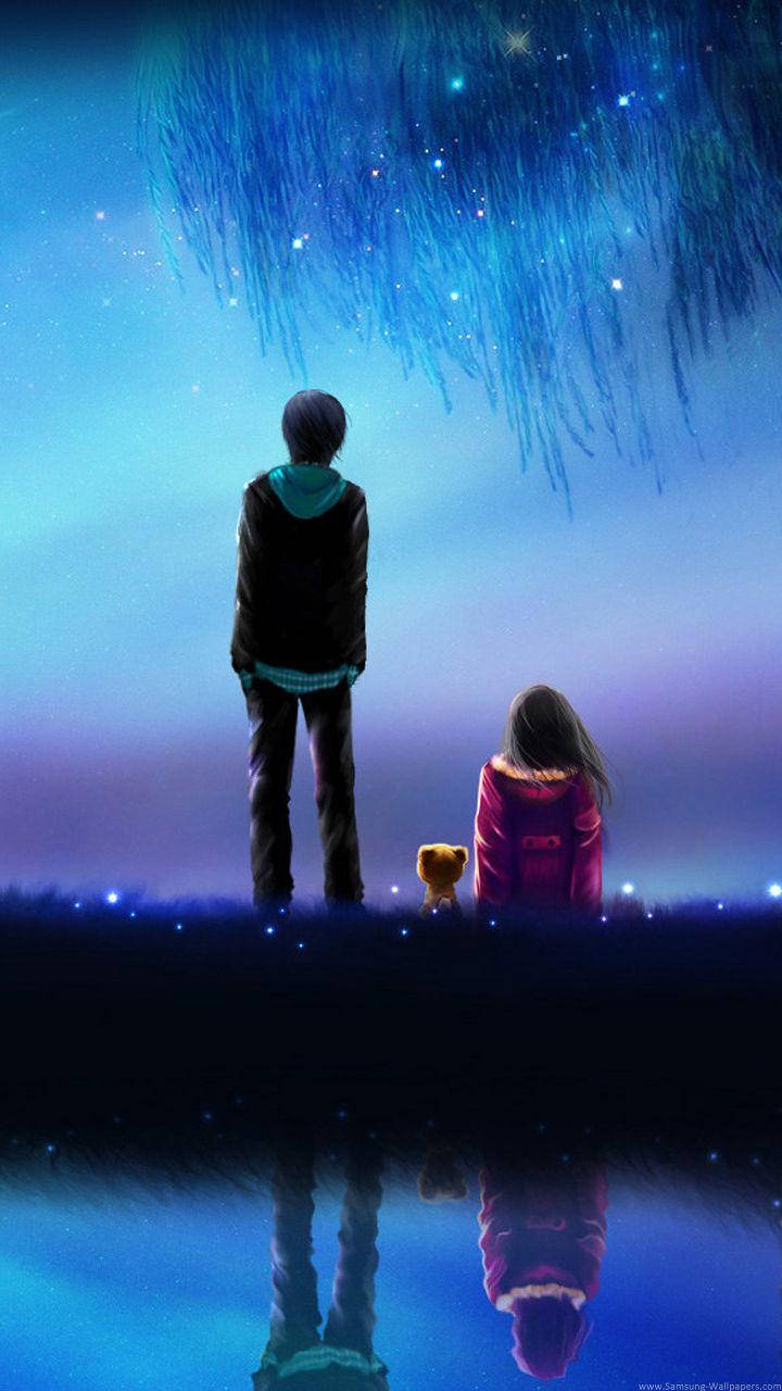 Love Cartoon, sparkly evening, starry blue sky, HD Phone Wallpaper
