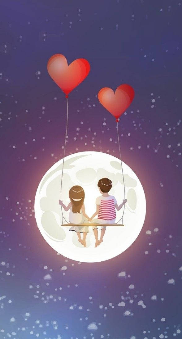 Love Cartoon, heart balloons, starry purple night sky, SD Phone Wallpaper