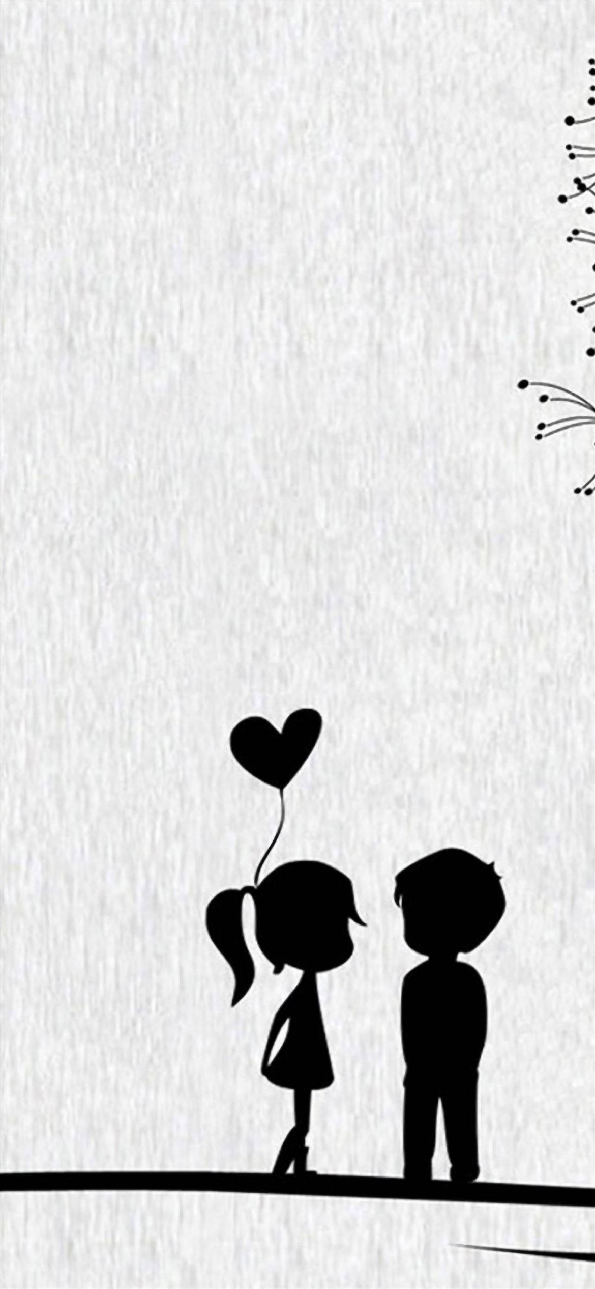 Love Cartoon, black silhouettes, heart balloon, Full HD Phone Wallpaper