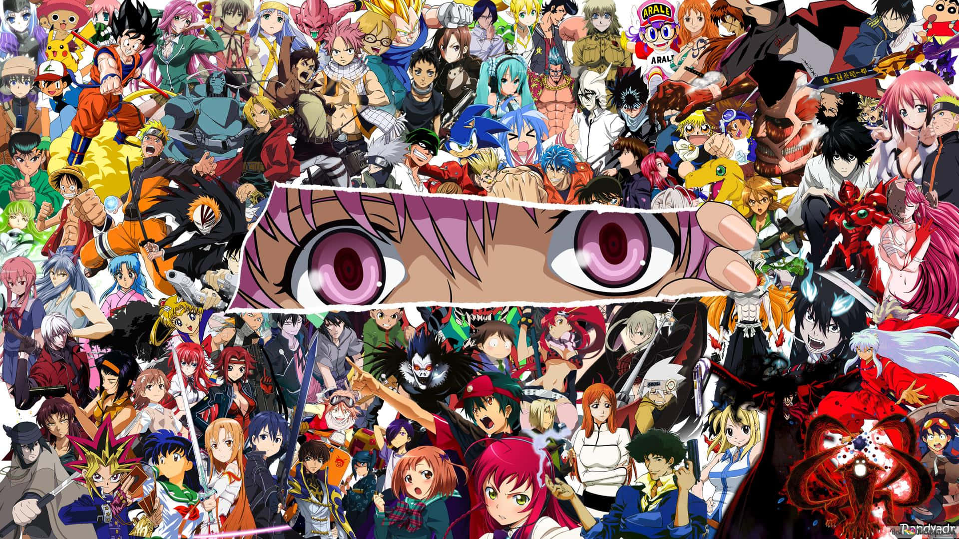 cartoon collage, anime characters, giant purple-eyed anime face, Full HD Desktop Wallpaper