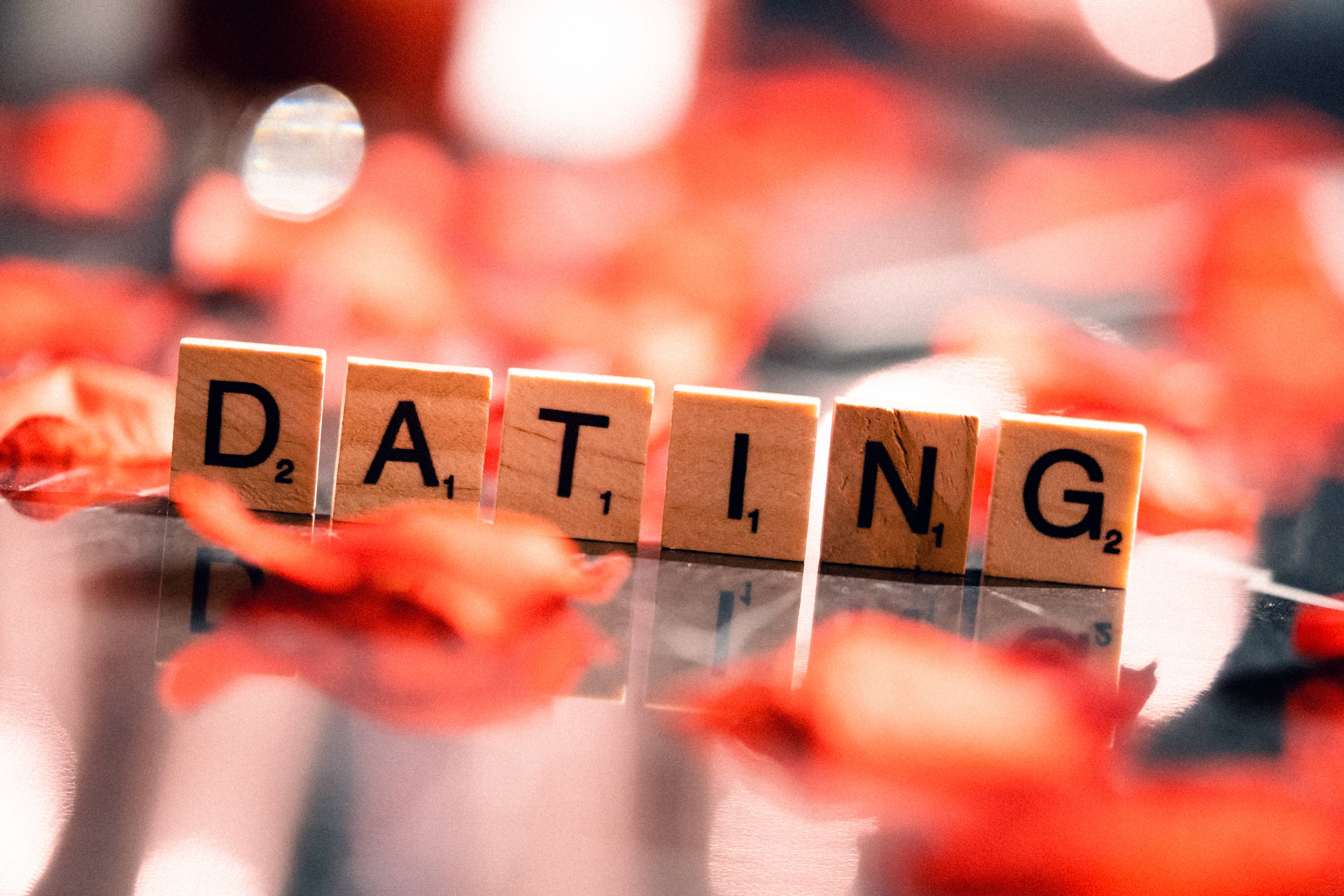 Dating Love Desktop, Wooden Scrabble tiles, glossy surface, 5K Desktop Wallpaper