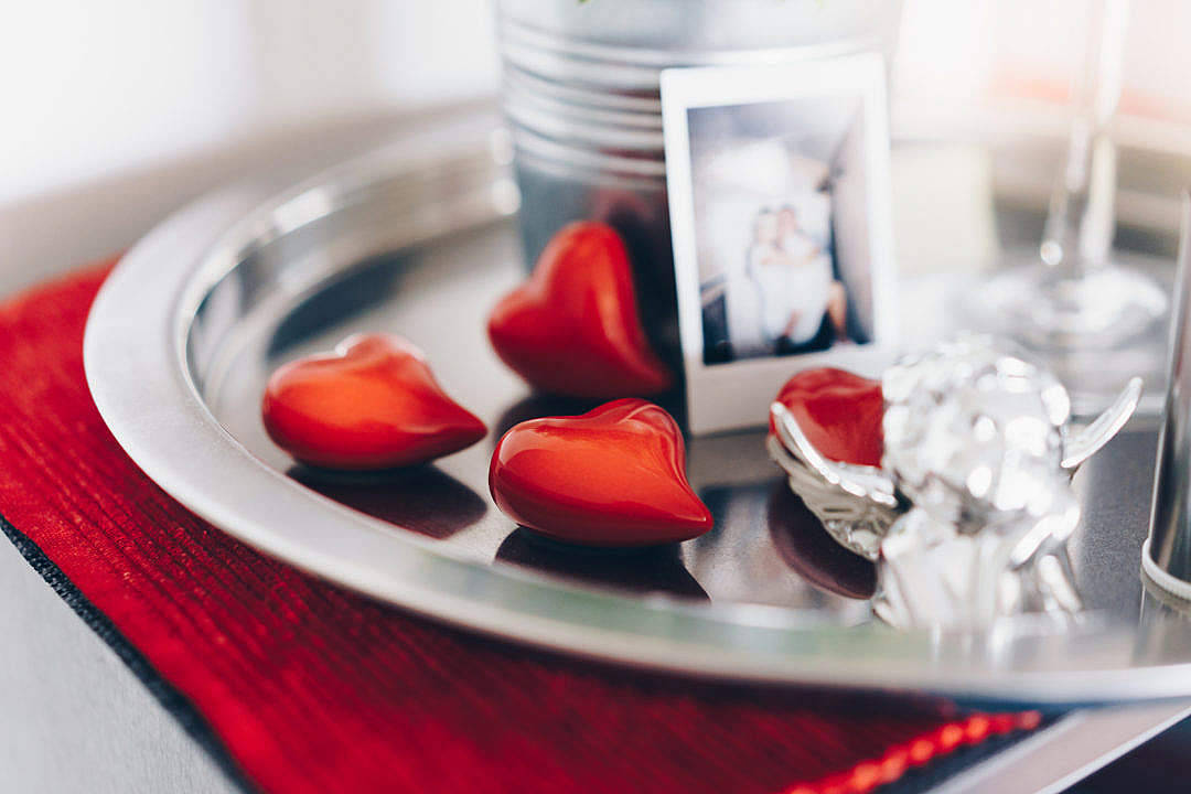 Heart Candies Love Desktop, shiny red heart candies, polaroid photo, SD Desktop Wallpaper