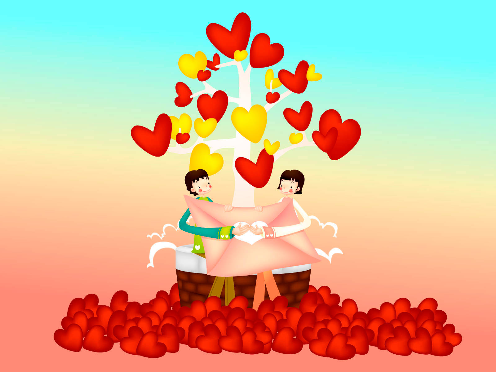 Tree Of Hearts, heart-shaped tree, red and yellow hearts, HD Desktop Wallpaper