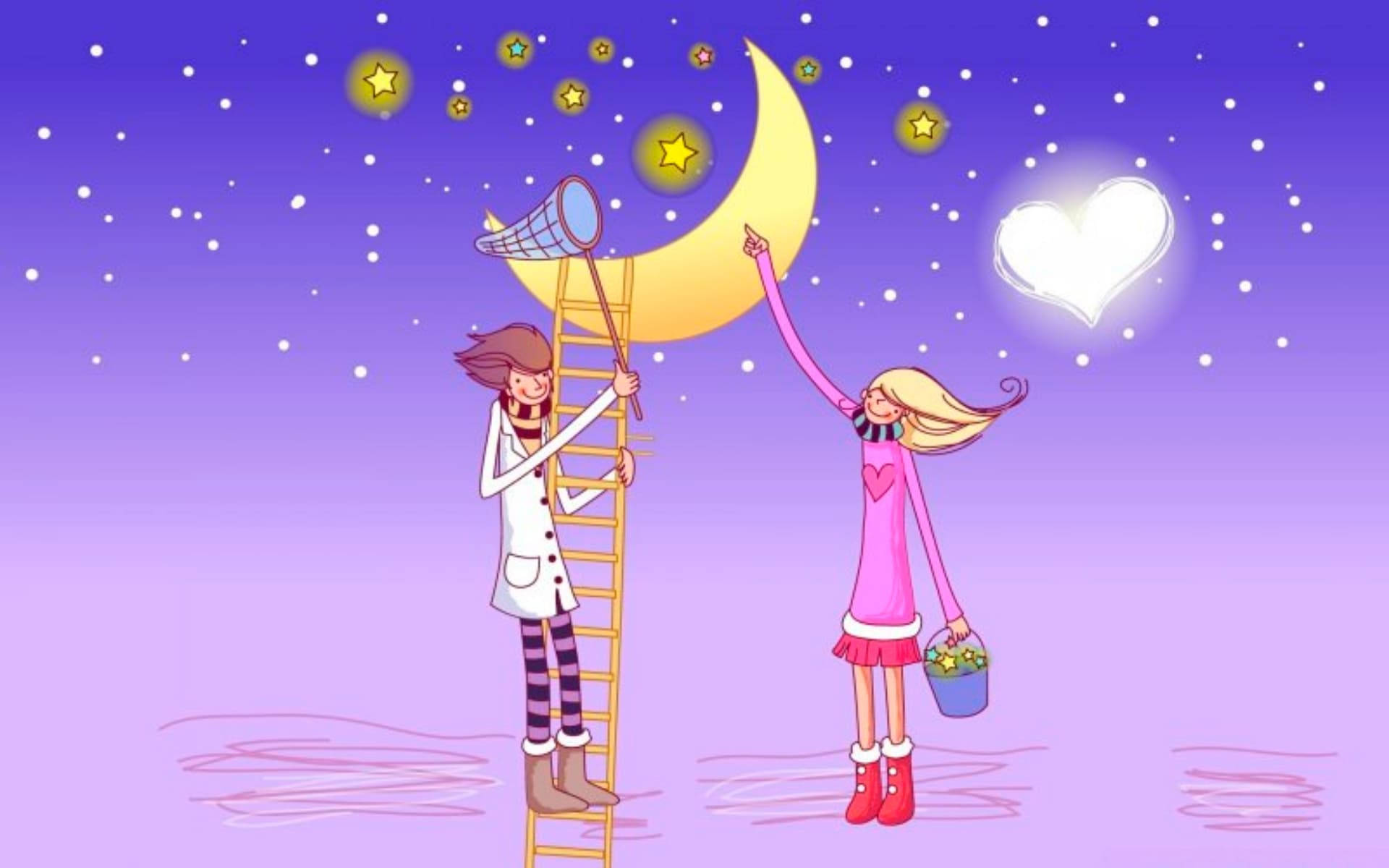 Catching Stars, love drawing, cartoon children, Full HD Desktop Wallpaper