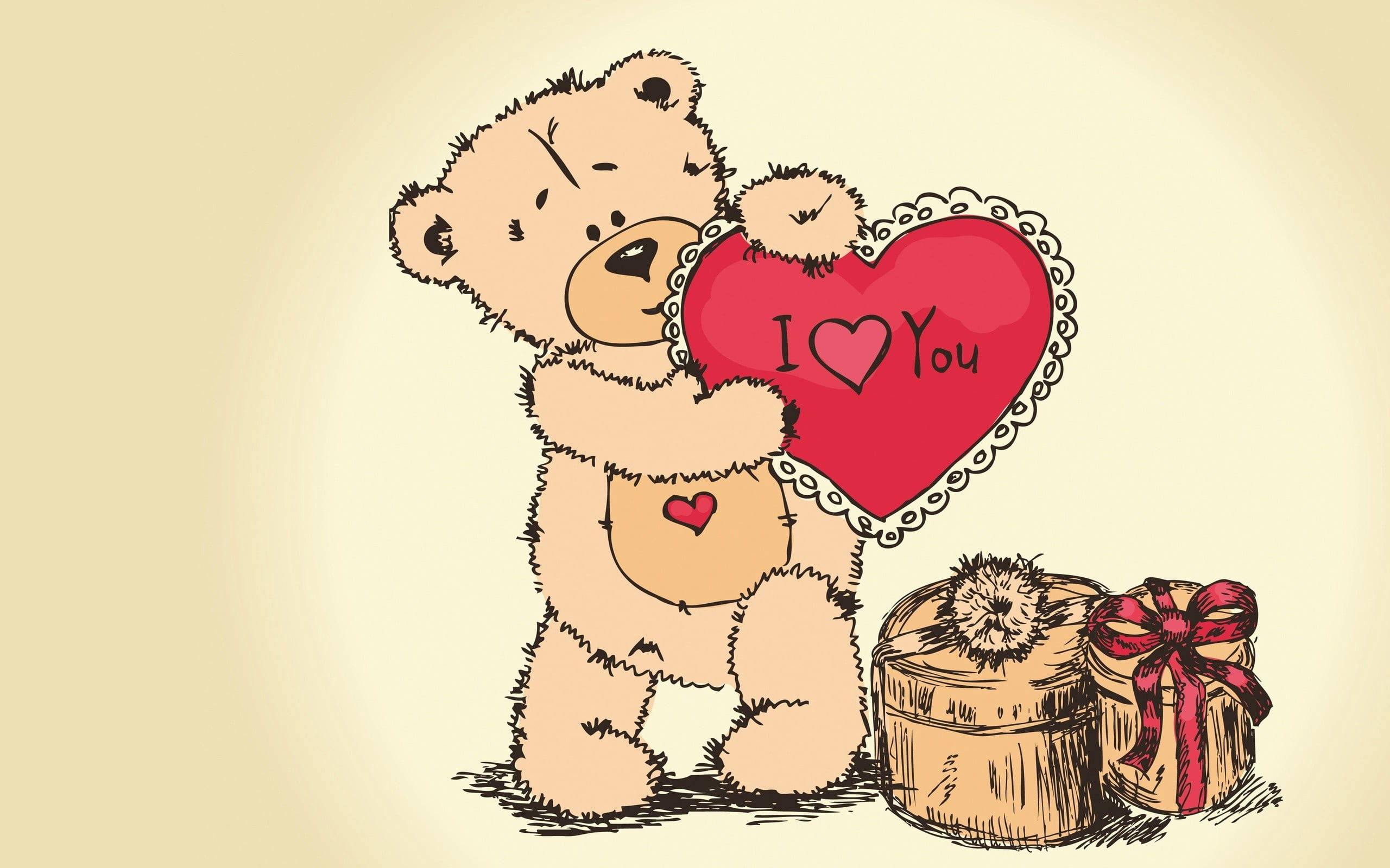 teddy bear, red heart, I Love You, 2K Desktop Wallpaper