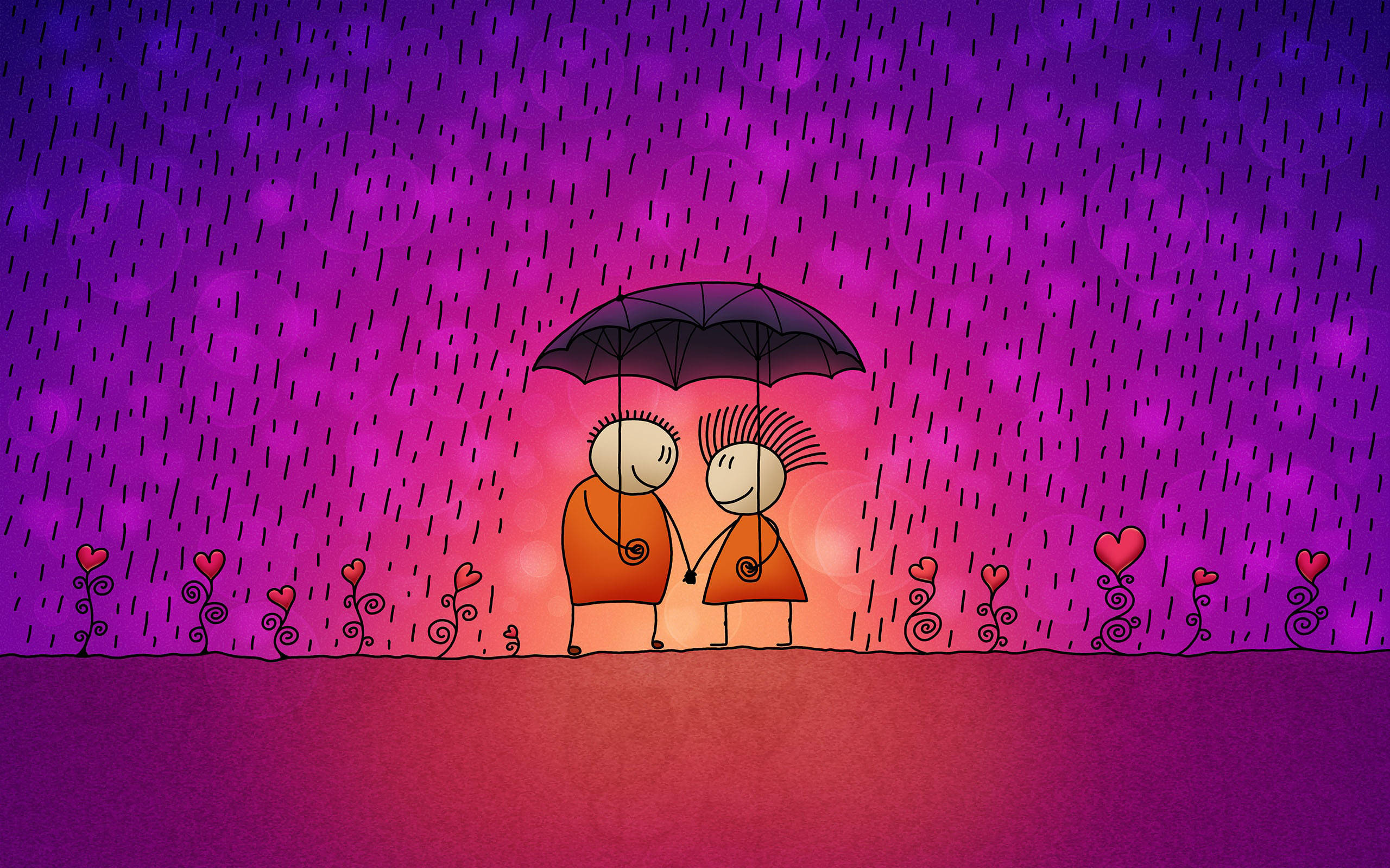 rainy purple love drawing, black umbrella, vibrant purple and pink rainy sky, 2K Desktop Wallpaper