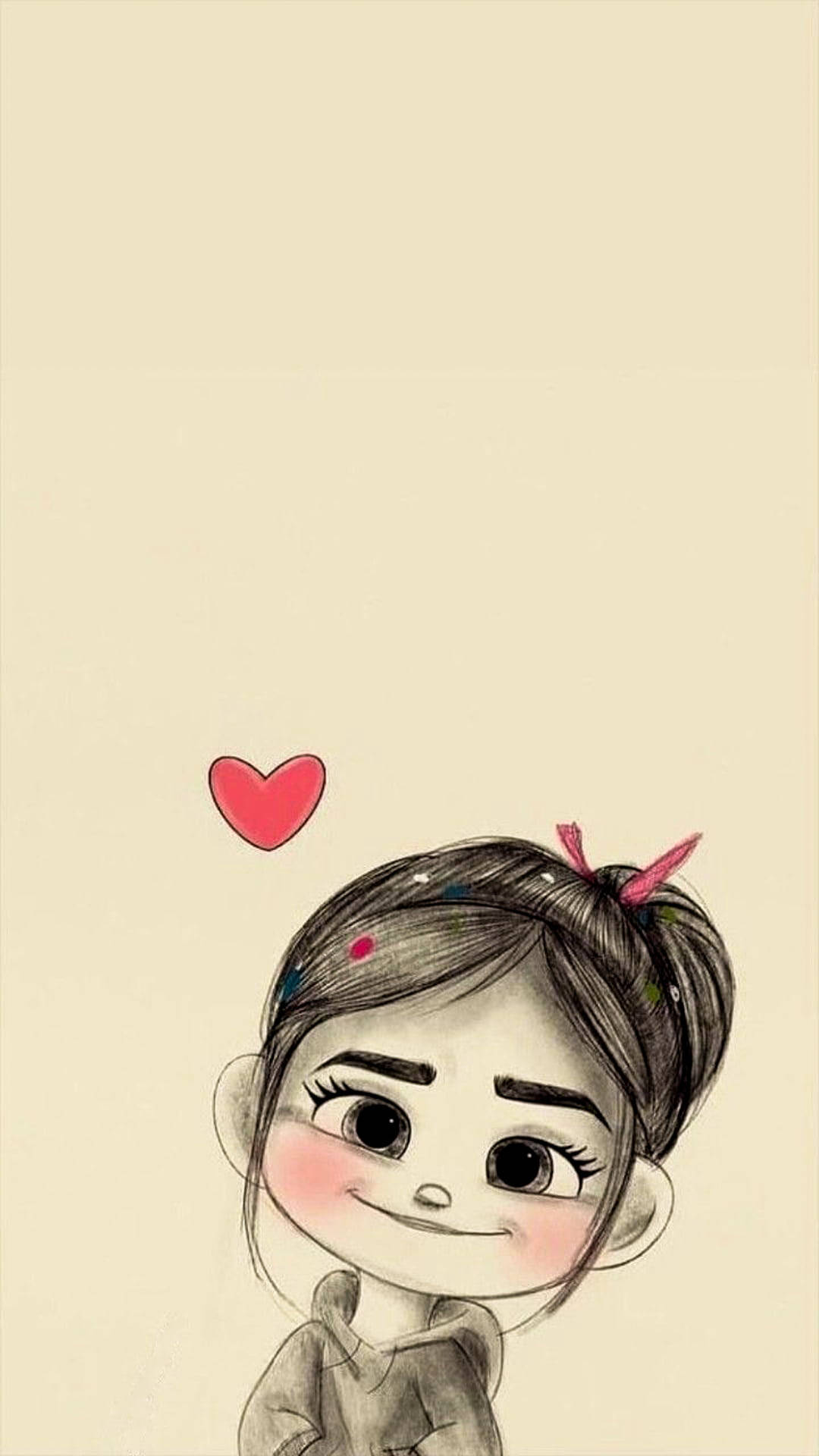 cute anime-style girl, pink heart, beige background, Full HD Phone Wallpaper