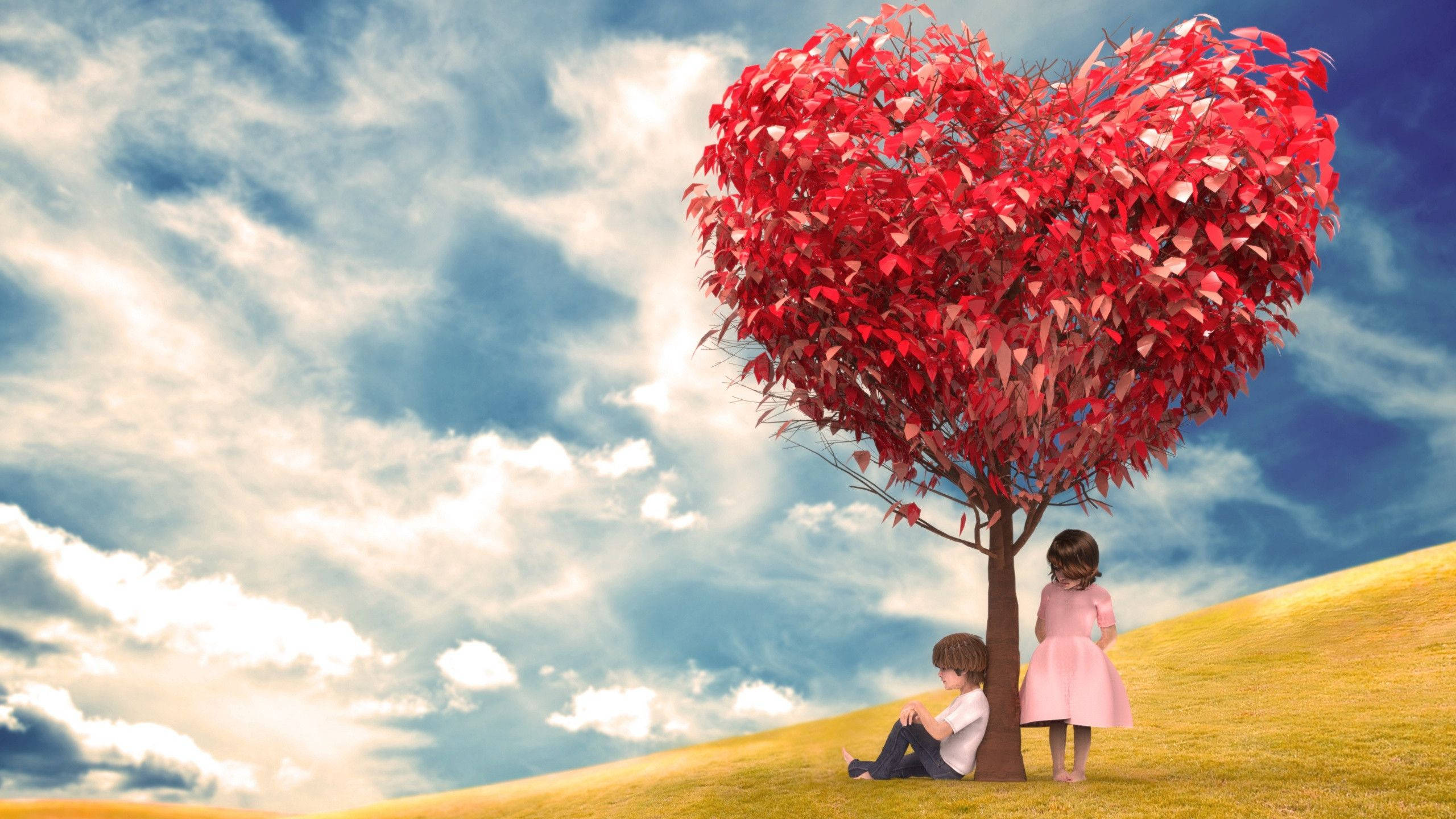 blue sky love drawings, vibrant red heart-shaped tree, golden hill, 2K Desktop Wallpaper