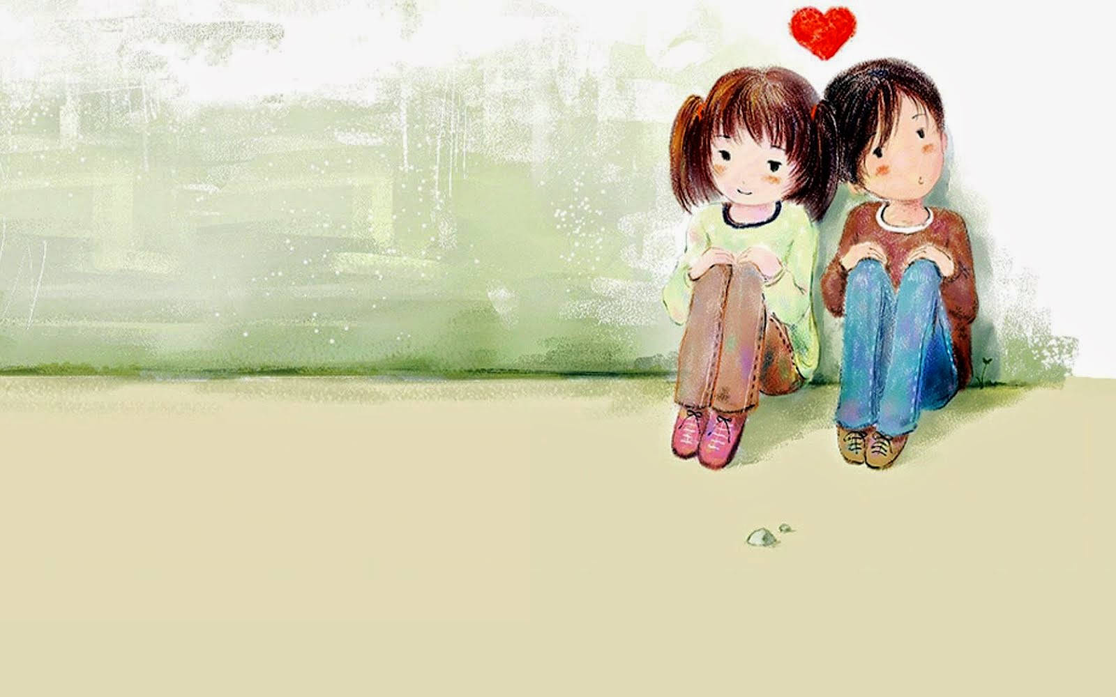boy girl sitting together, red heart, soft green background, HD Desktop Wallpaper