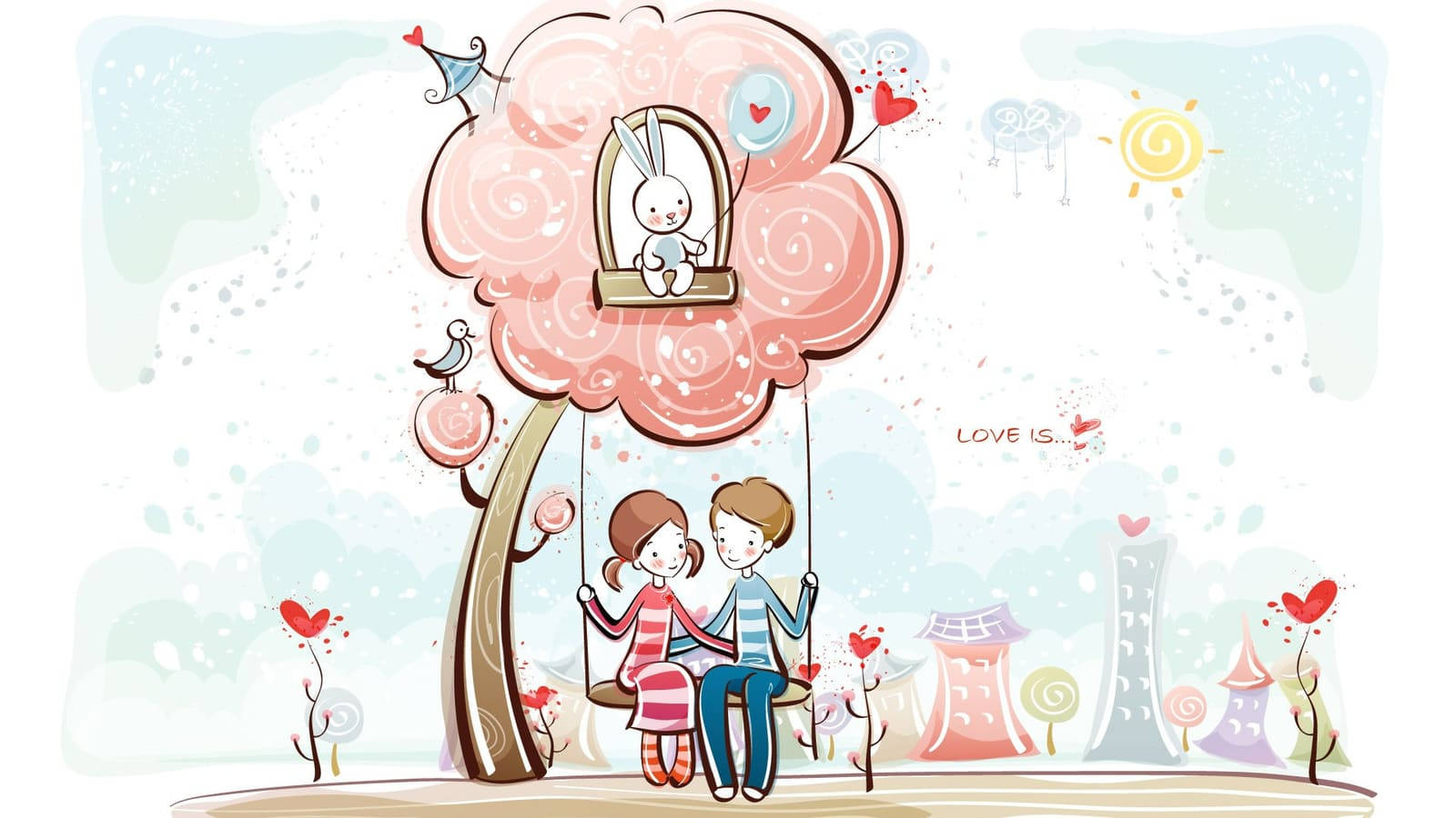 bunny girl, boy love drawing, whimsical pink tree, HD Desktop Wallpaper